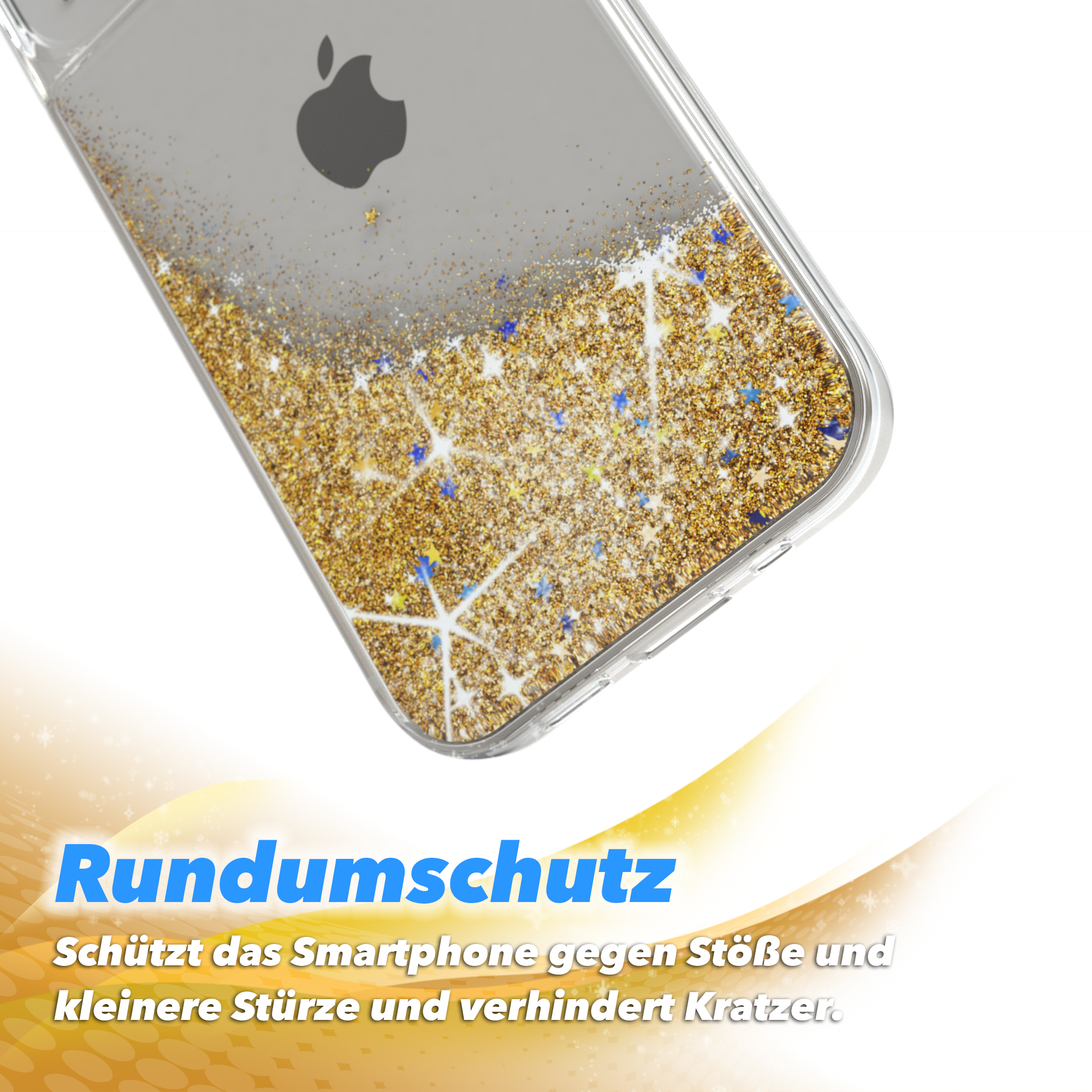 Transparente Handyhülle mit goldenen Glitzerdetails auf weißem Grund.