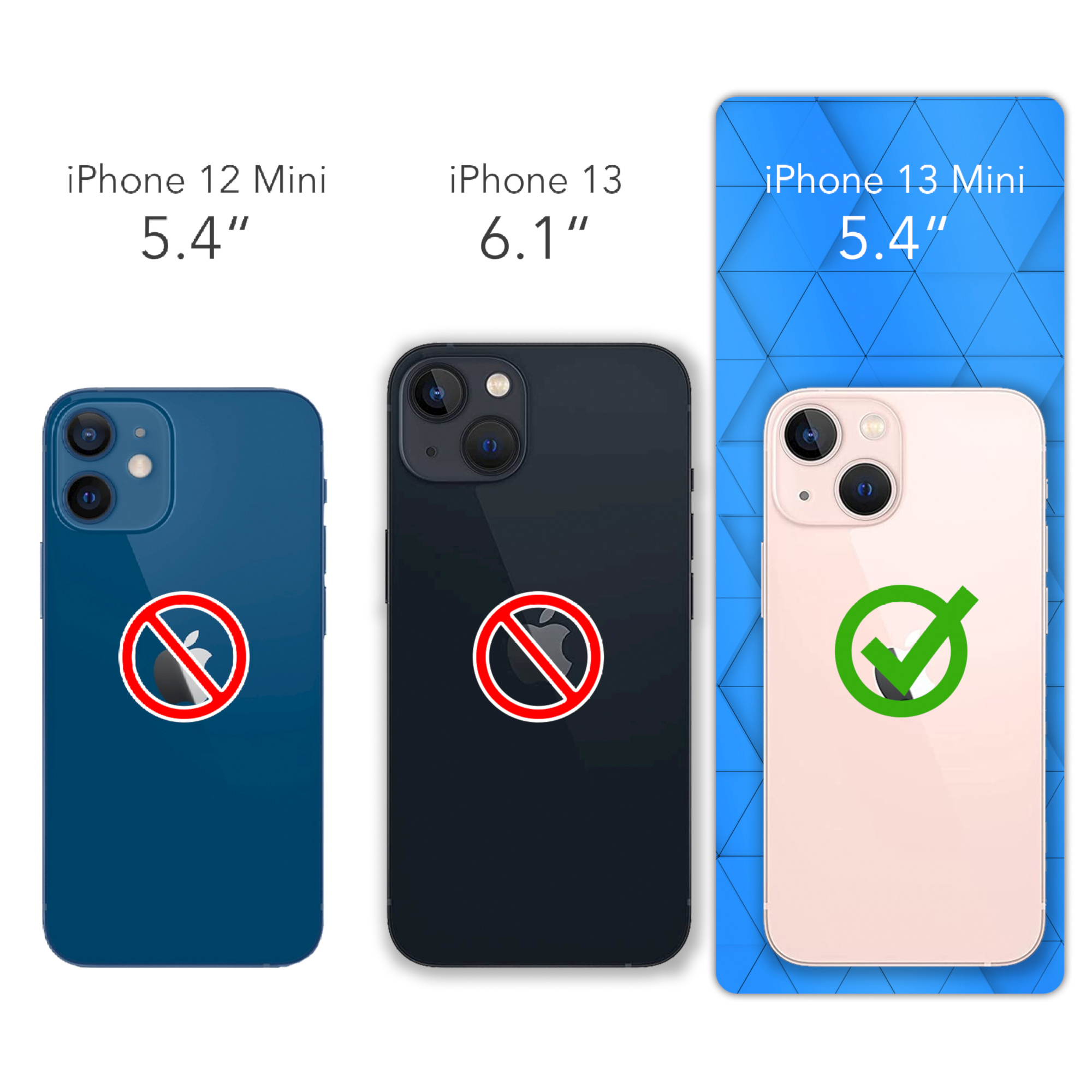 Vergleich der Telefongrößen. iPhone 12 Mini ist nicht mit iPhone 13 Mini kompatibel.