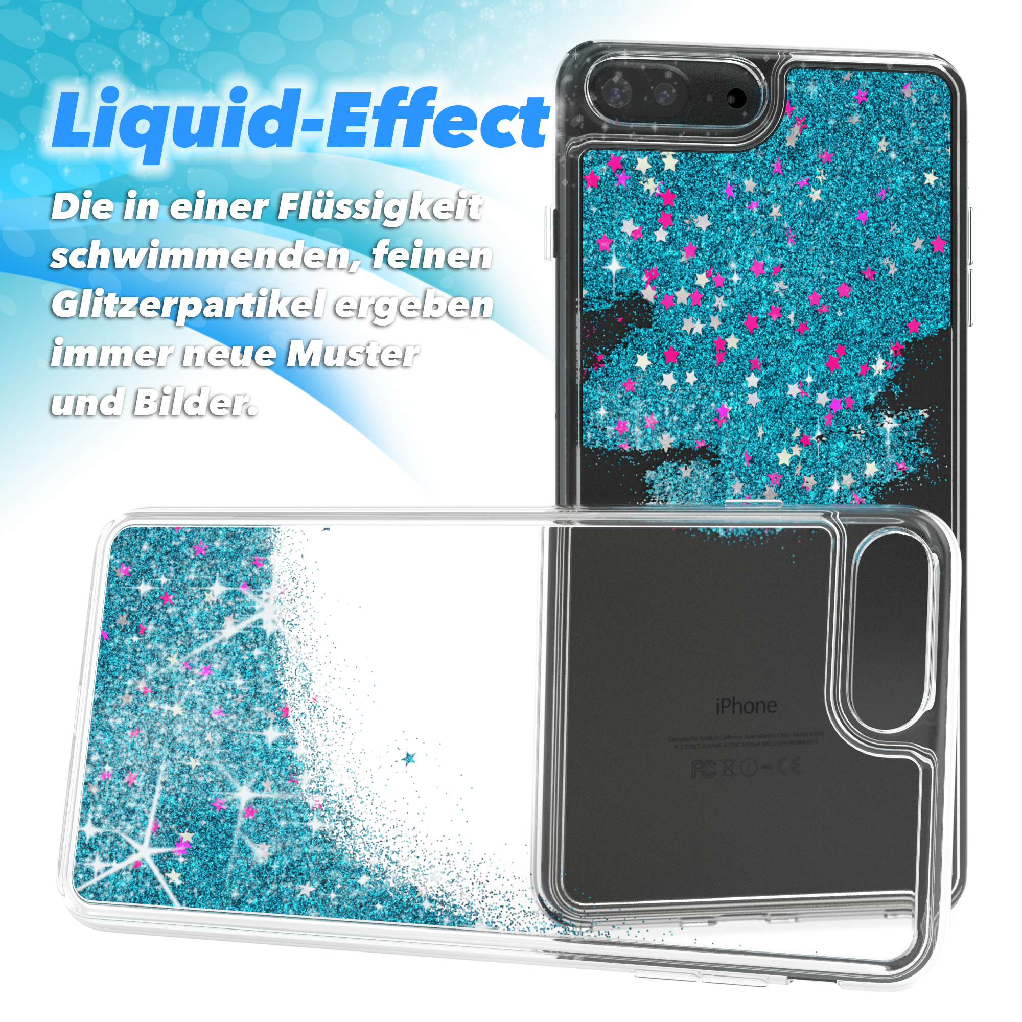 Handyhülle mit Flüssigkeits-Glitzer-Effekt, blaue und rosa Sterne, ein iPhone 7 plus wird gezeigt.