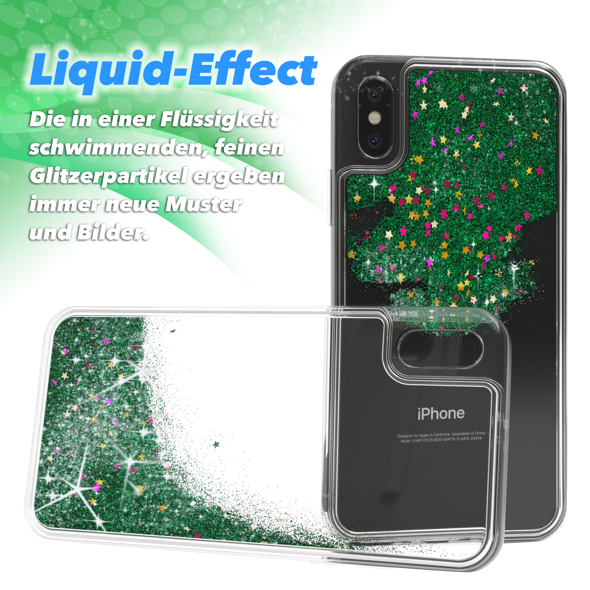 Handyhülle mit grünem Glitzer und Sternen, mit dem Text 'Liquid-Effect'.