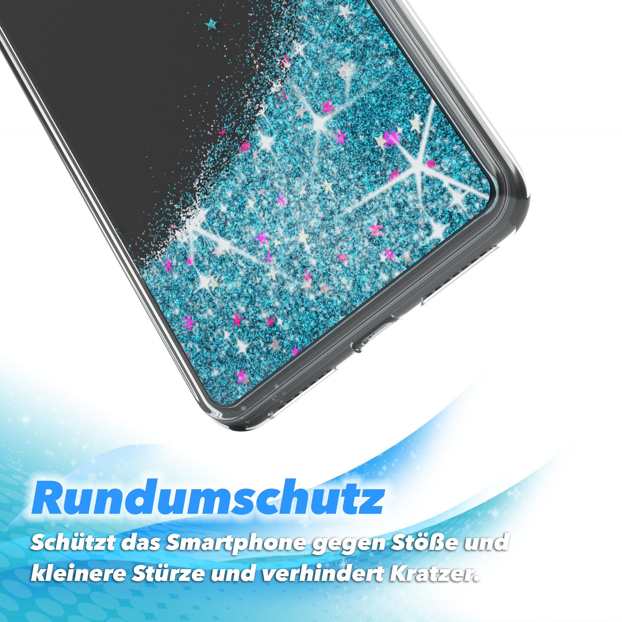 Eine Handyhülle mit Glitzerdesign, blauem Glitzer, rosa Sternen. Die Hülle liegt auf weißem Untergrund.