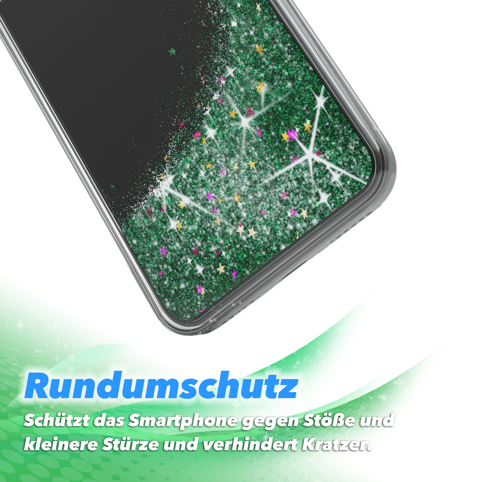 Transparente Handyhülle mit grünem Glitzer und Sternmustern.