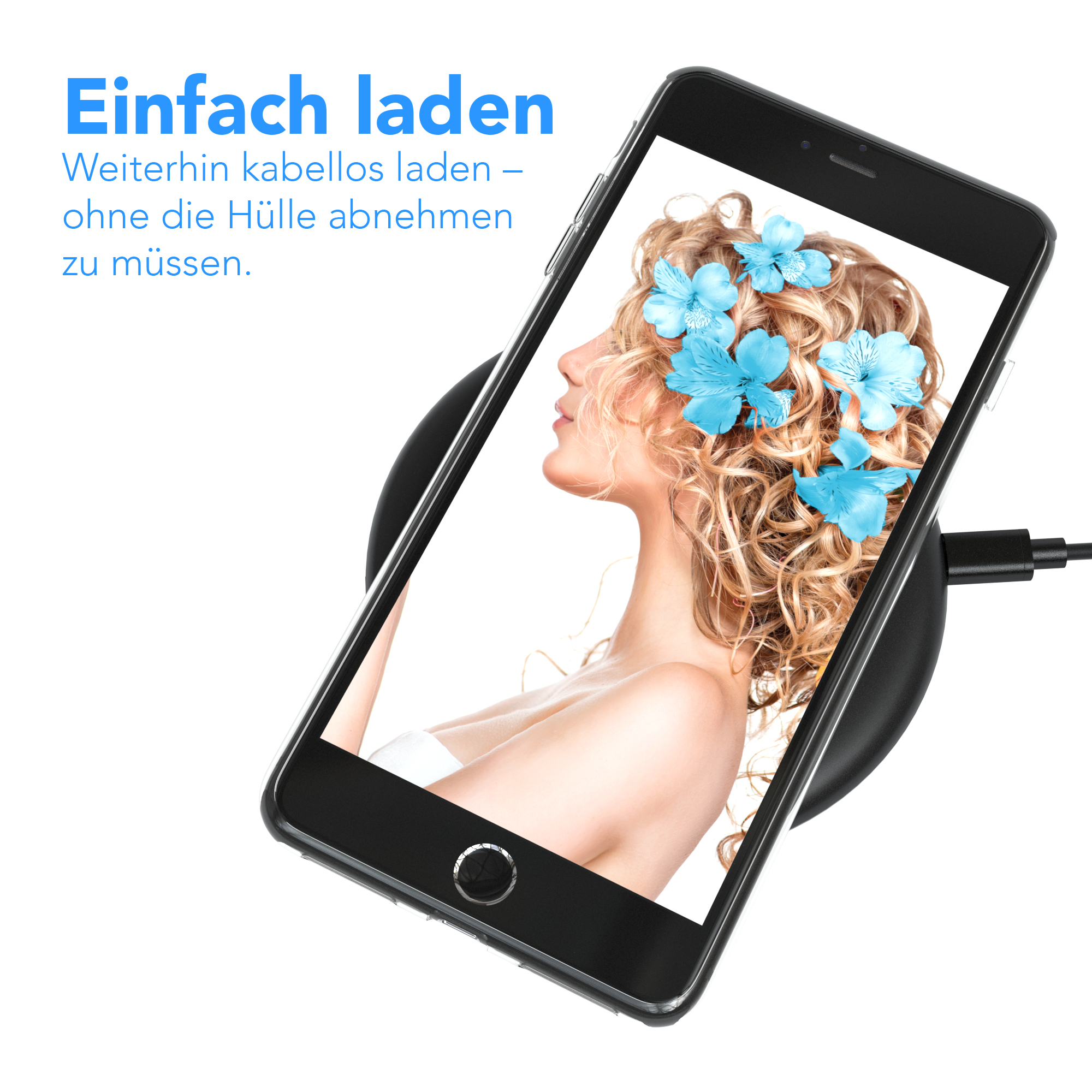 Telefon lädt kabellos, mit Frauenporträt auf dem Bildschirm.