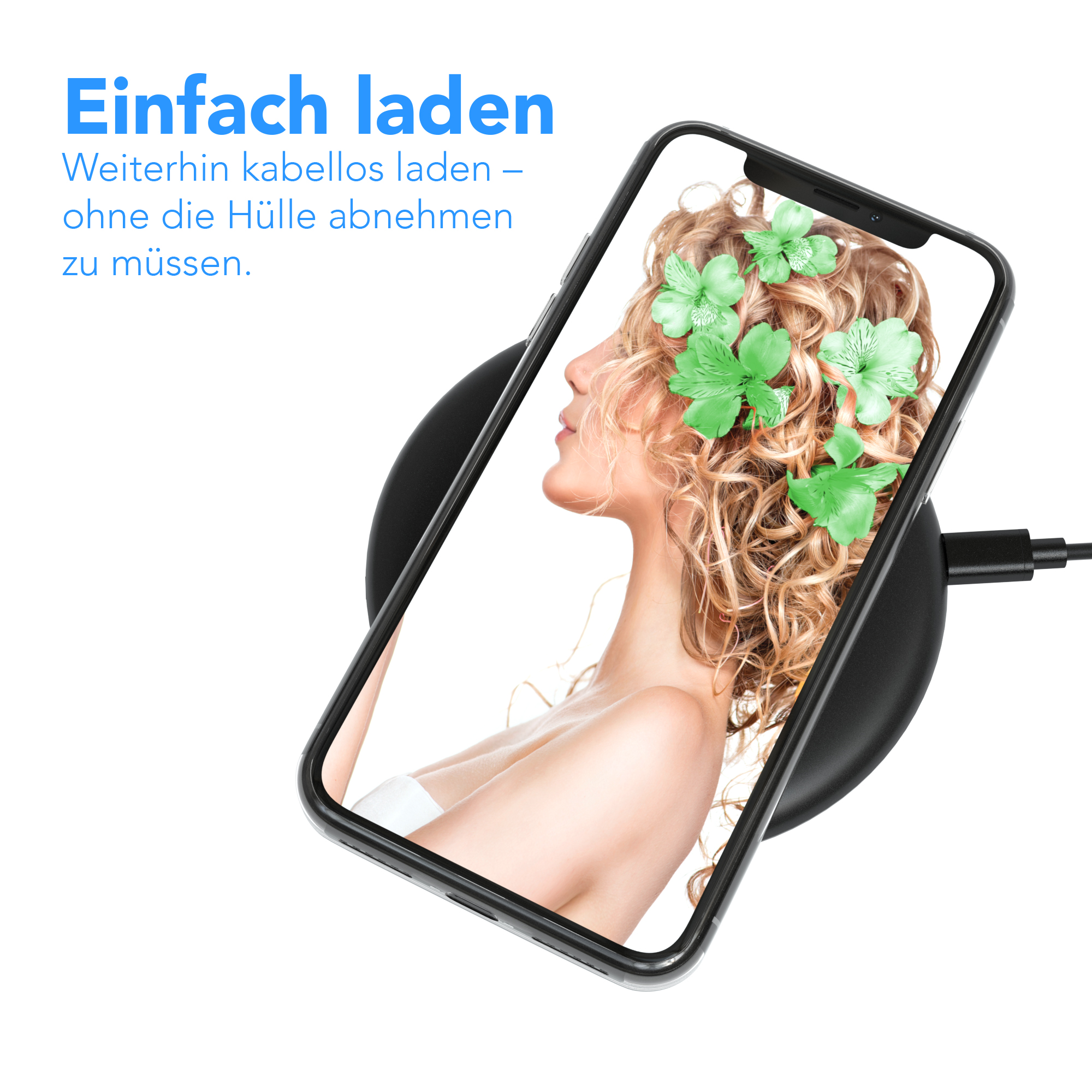 Frau lädt Telefon kabellos. Telefon zeigt Bild einer Frau. Text: Einfaches Laden. Kabelloses Laden.