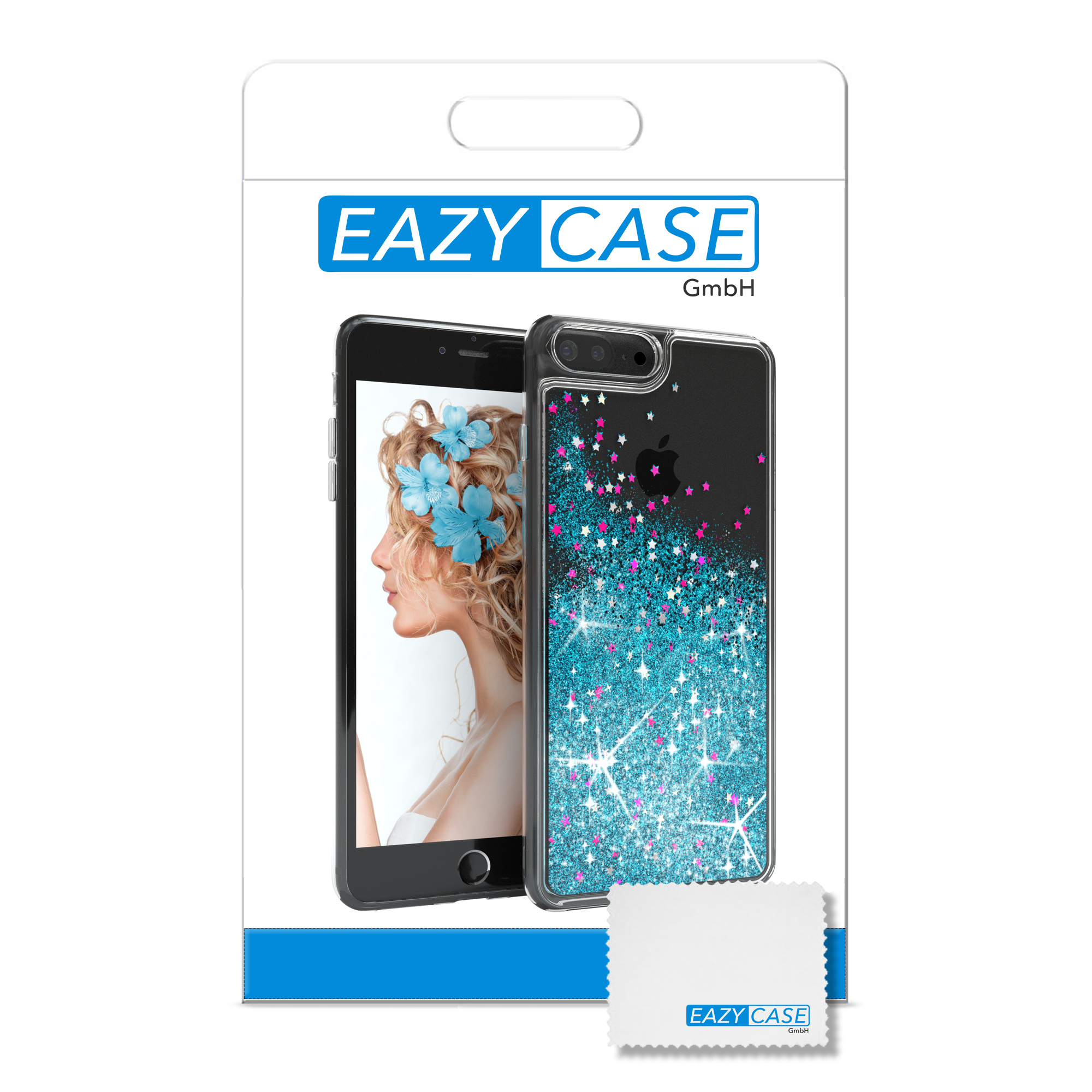 Telefon in einer Hülle, mit einem Reinigungstuch. Die Hülle zeigt ein Frauenporträt mit blauer Blume.