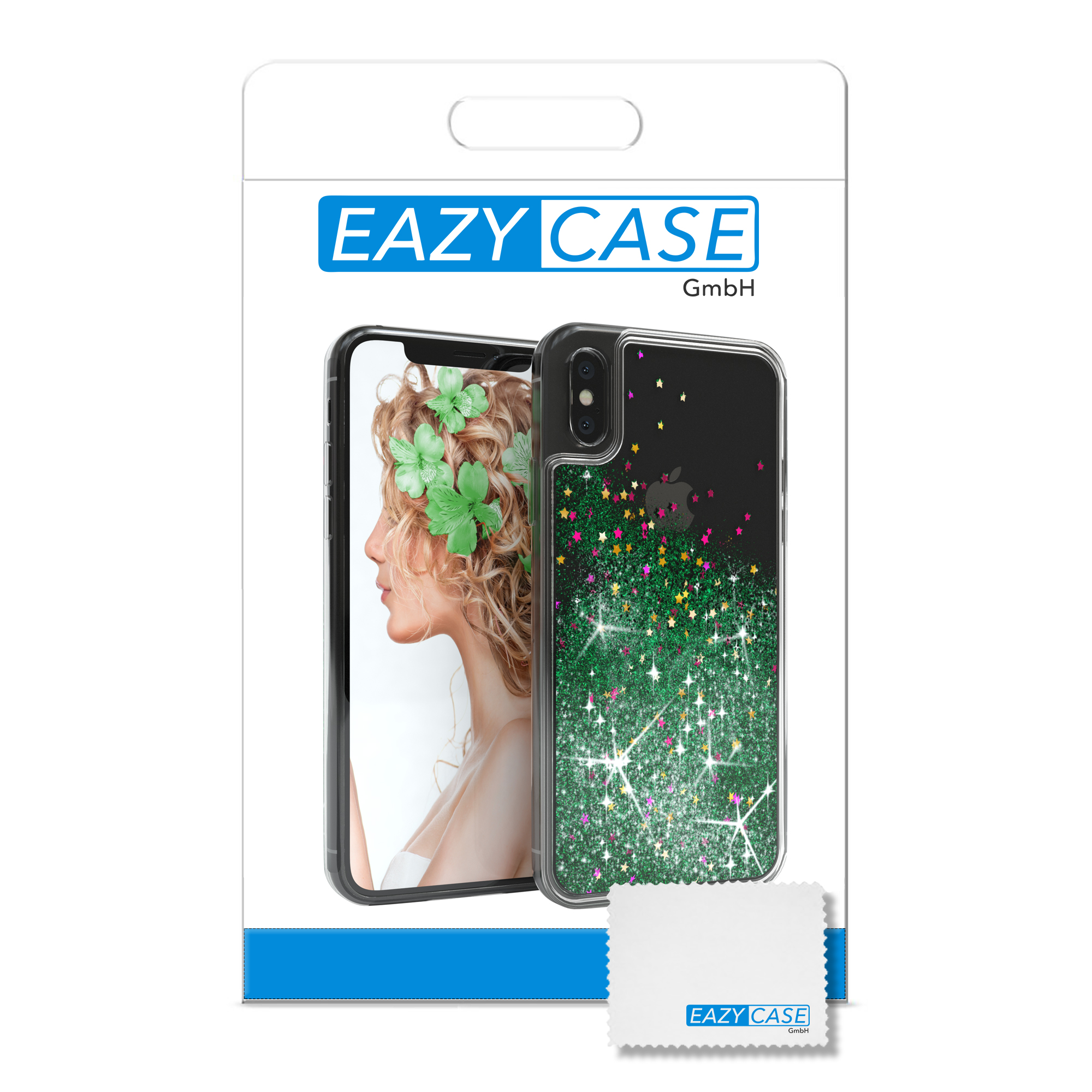 Telefonhüllenverpackung mit einem Telefon darin. Die Hülle zeigt eine Frau mit Blumen im Haar auf dem Bildschirm.