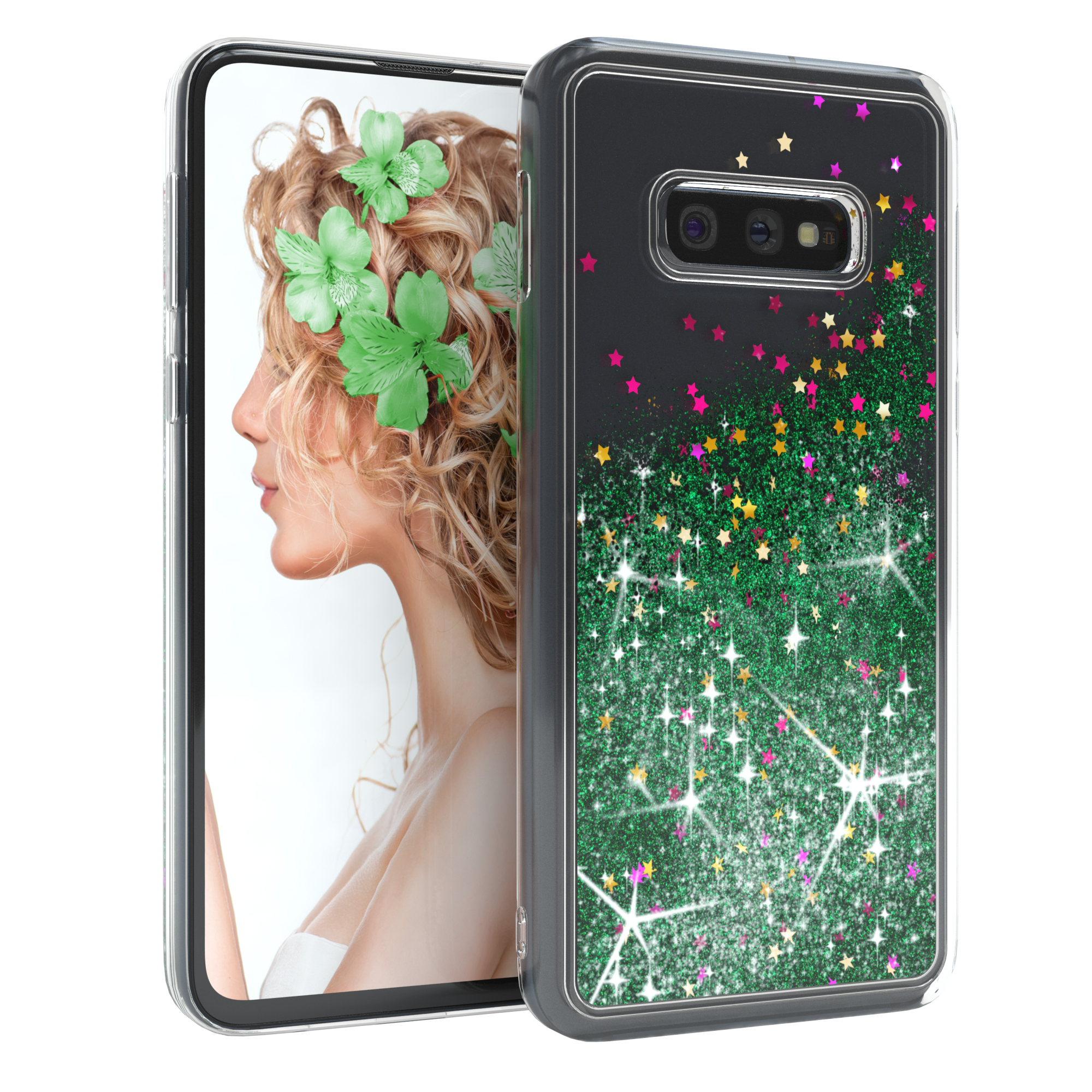 Telefon in Hülle mit grünem Glitzer, Frau im Hintergrund mit grünen Blumen im Haar.