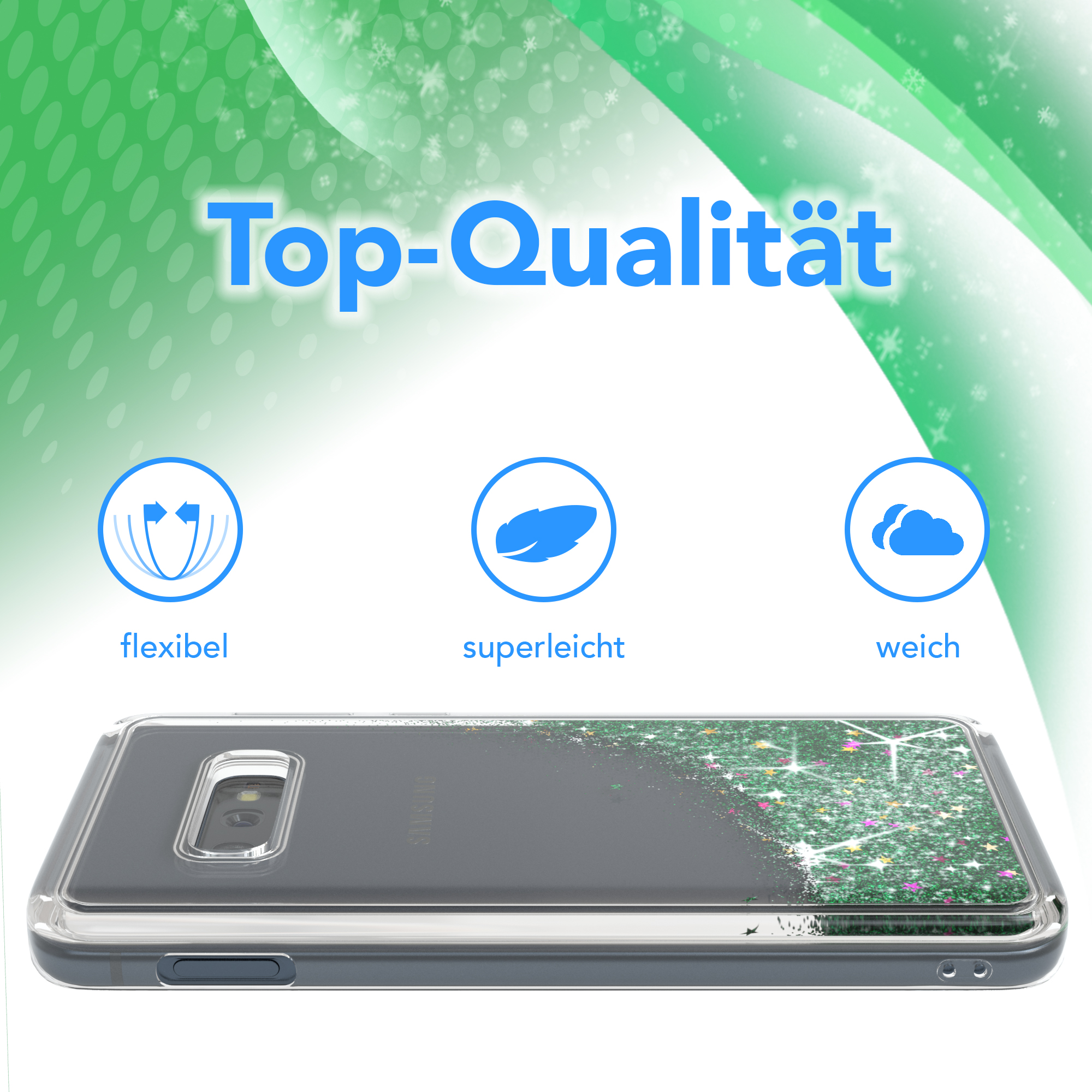 Eine Handyhülle mit Glitzerdesign und dunkelgrünem Hintergrund. Der Text weist auf Flexibilität, Leichtigkeit und Weichheit hin.