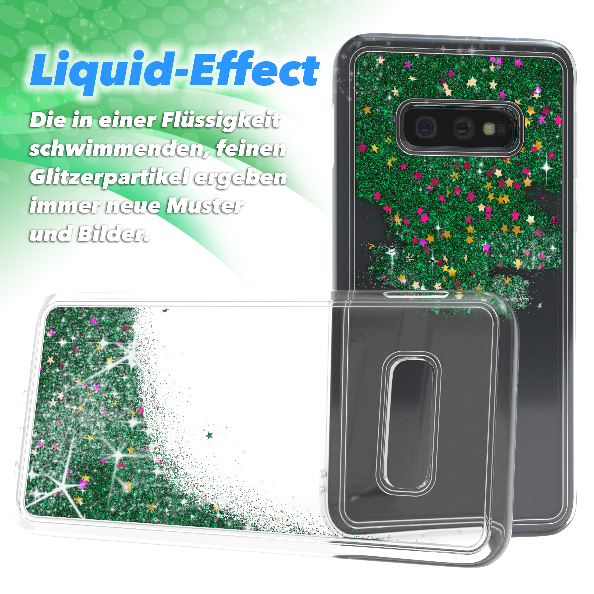 Handyhülle mit grünem Glitzer und Sternen, Flüssigkeitseffekt.