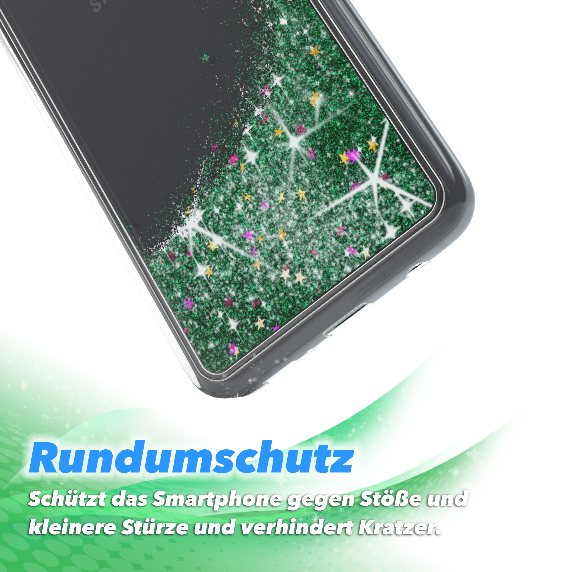 Handyhülle mit grünem Glitzer. Text: schützt vor Stößen und Kratzern.