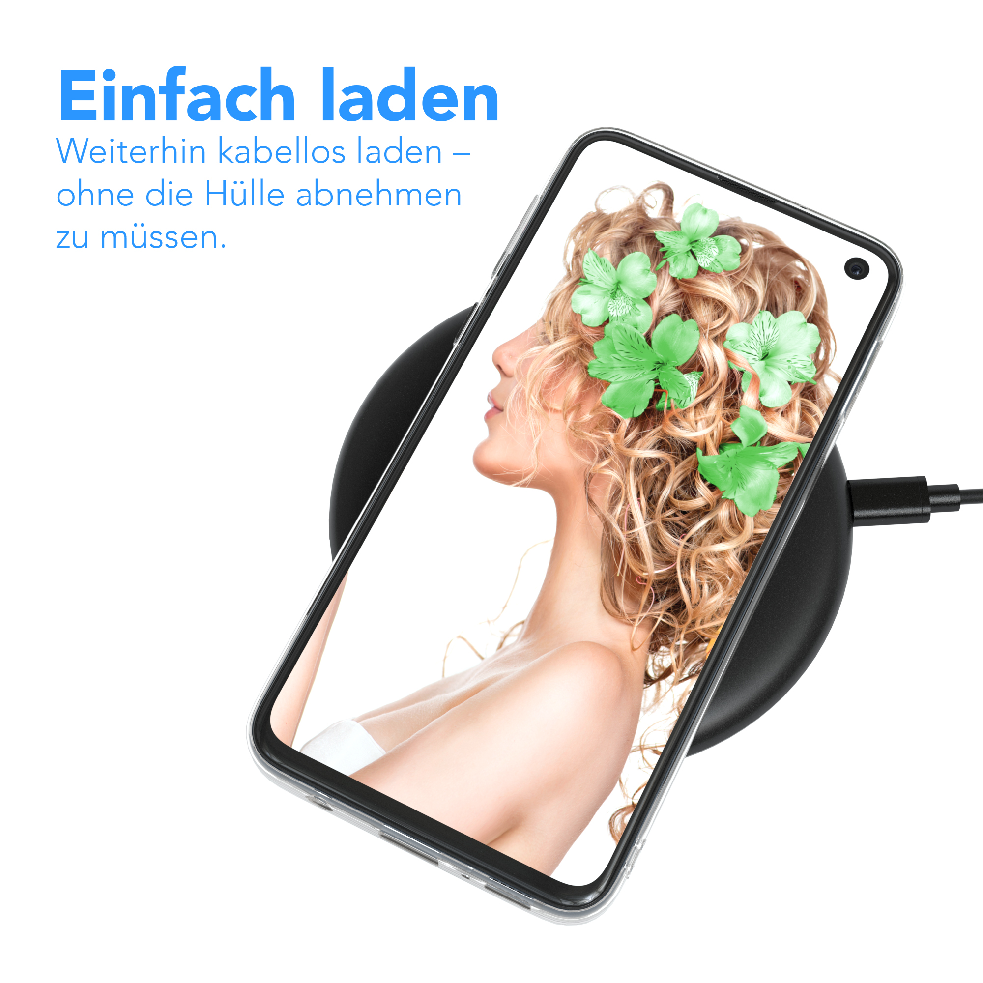 Telefon auf kabellosem Ladegerät. Telefon zeigt eine Frau mit Blumen.