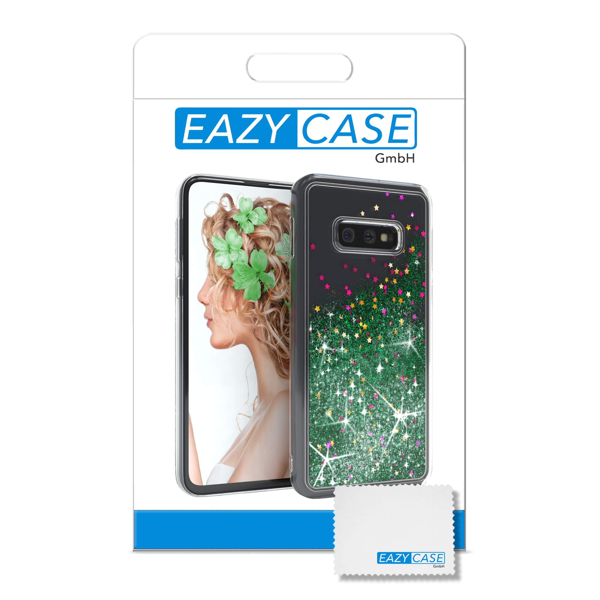 Verpackung einer Handyhülle mit Telefon und Reinigungstuch. Marke Eazy Case.