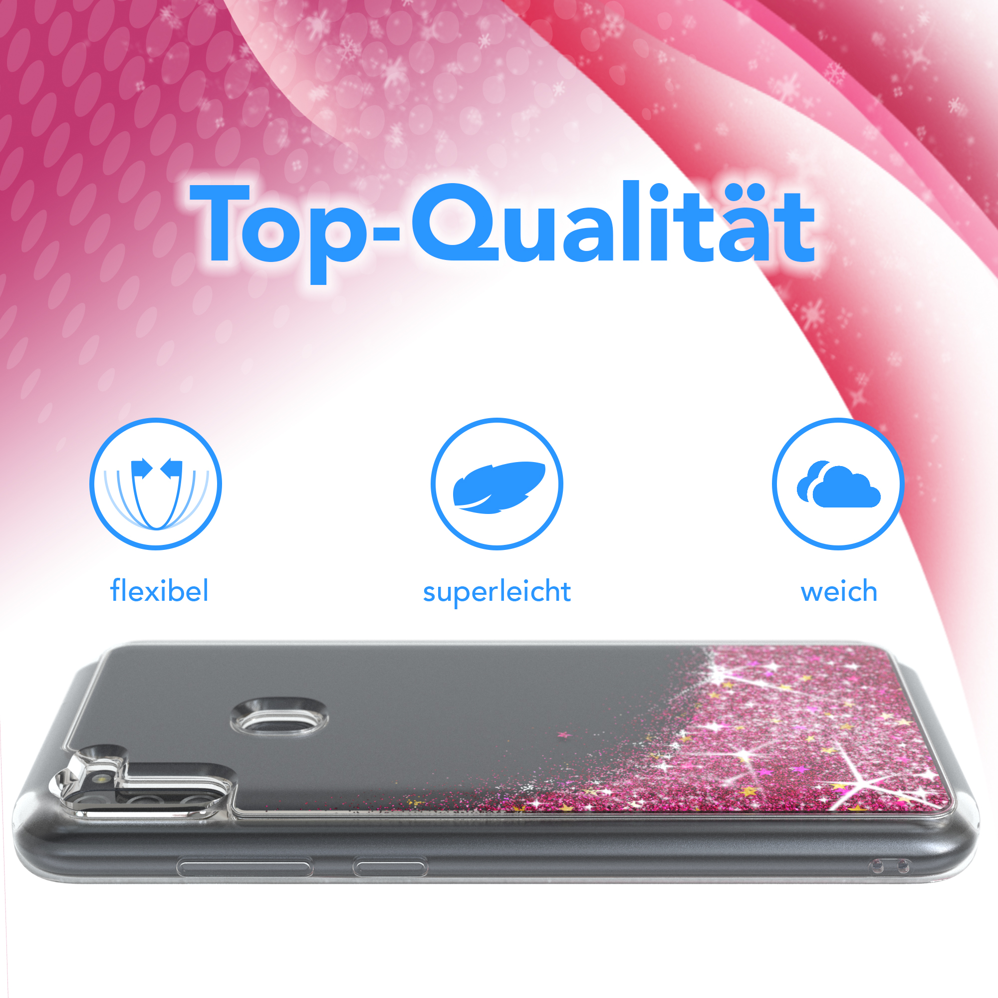 Handyhülle mit pinkfarbenem Glitzer und Sternen oben, darüber der Text 'Top-Qualität'.
