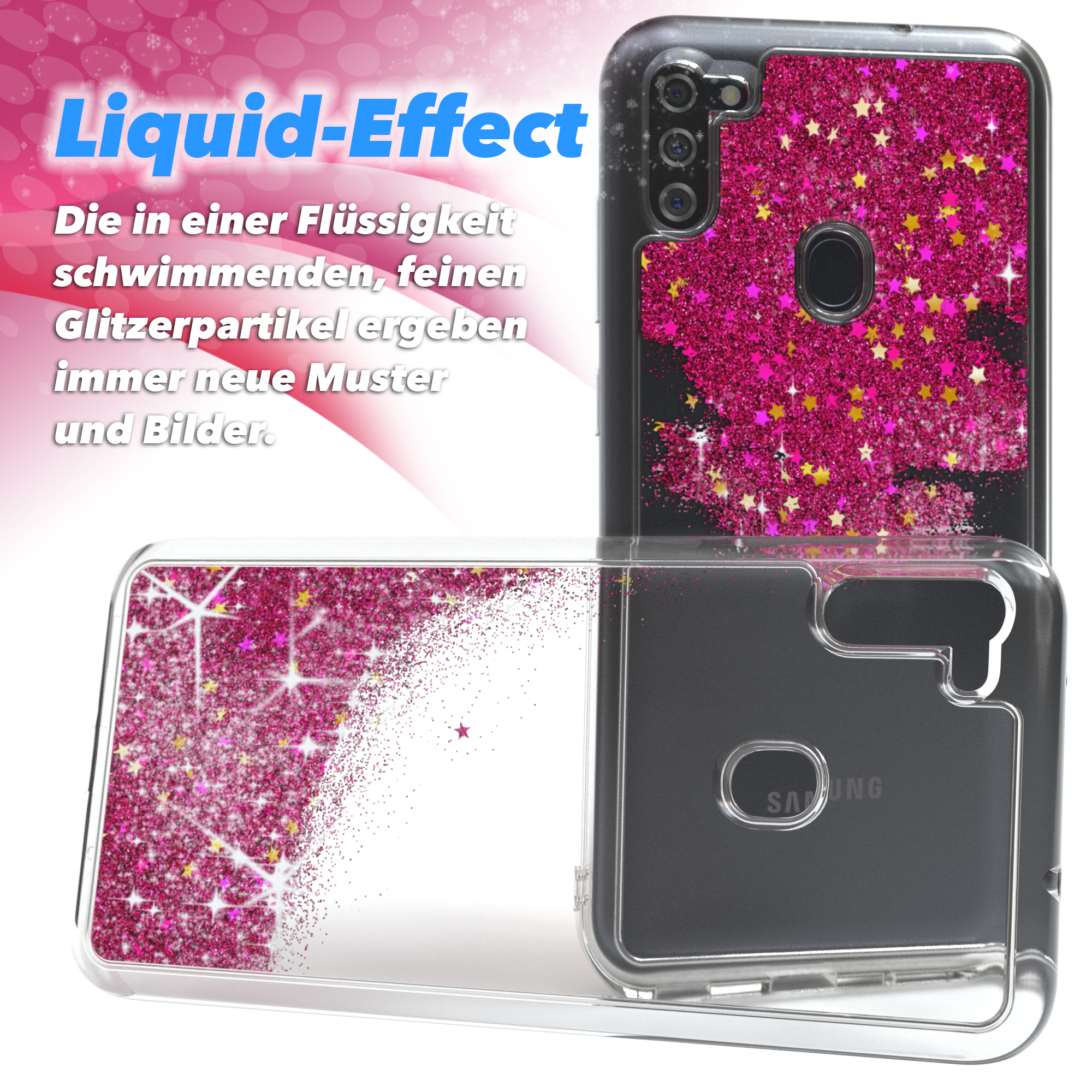 Rosa Glitzer-Handyhülle. Liquid-Effect-Text. Transparent, mit rosa Glitzer und gelben Sternen.
