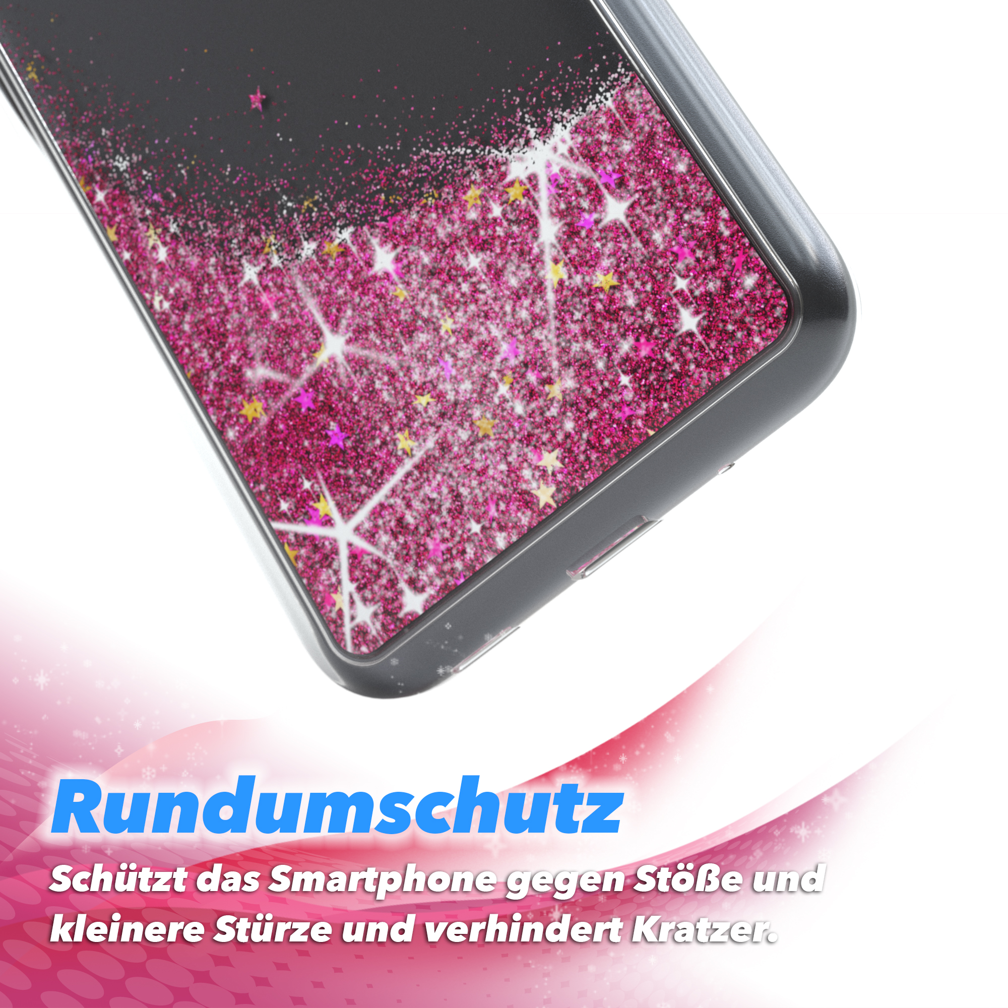 Handyhülle mit pinkfarbenem Glitzer. Text Rundumschutz.