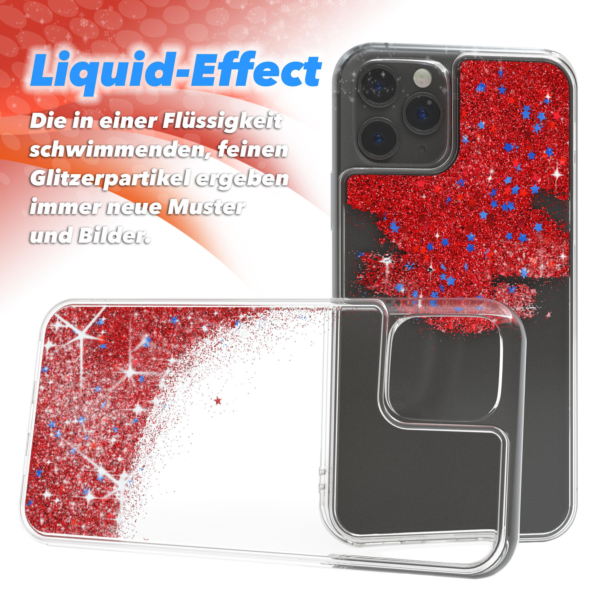 Transparente Handyhülle mit rotem Glitzer und Sternen, und ein Telefon.