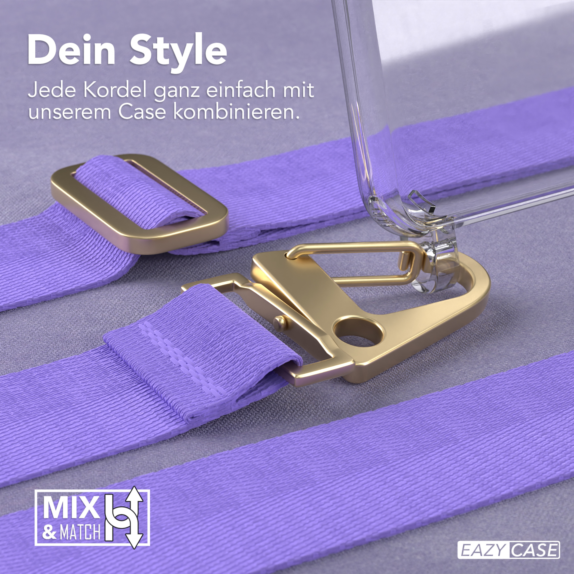 Lila Handyband mit goldenem Verschluss und eine transparente Handyhülle. Die Handyhülle ist am Band befestigt.