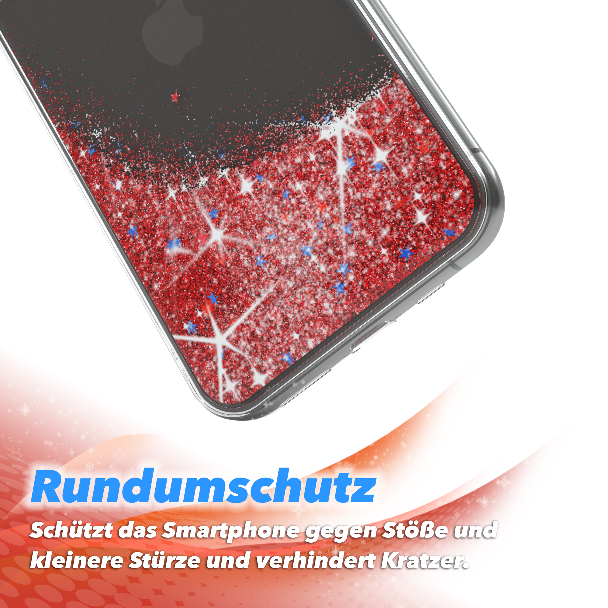 Nahaufnahme einer Handyhülle mit rotem Glitzer und Text auf Deutsch.
