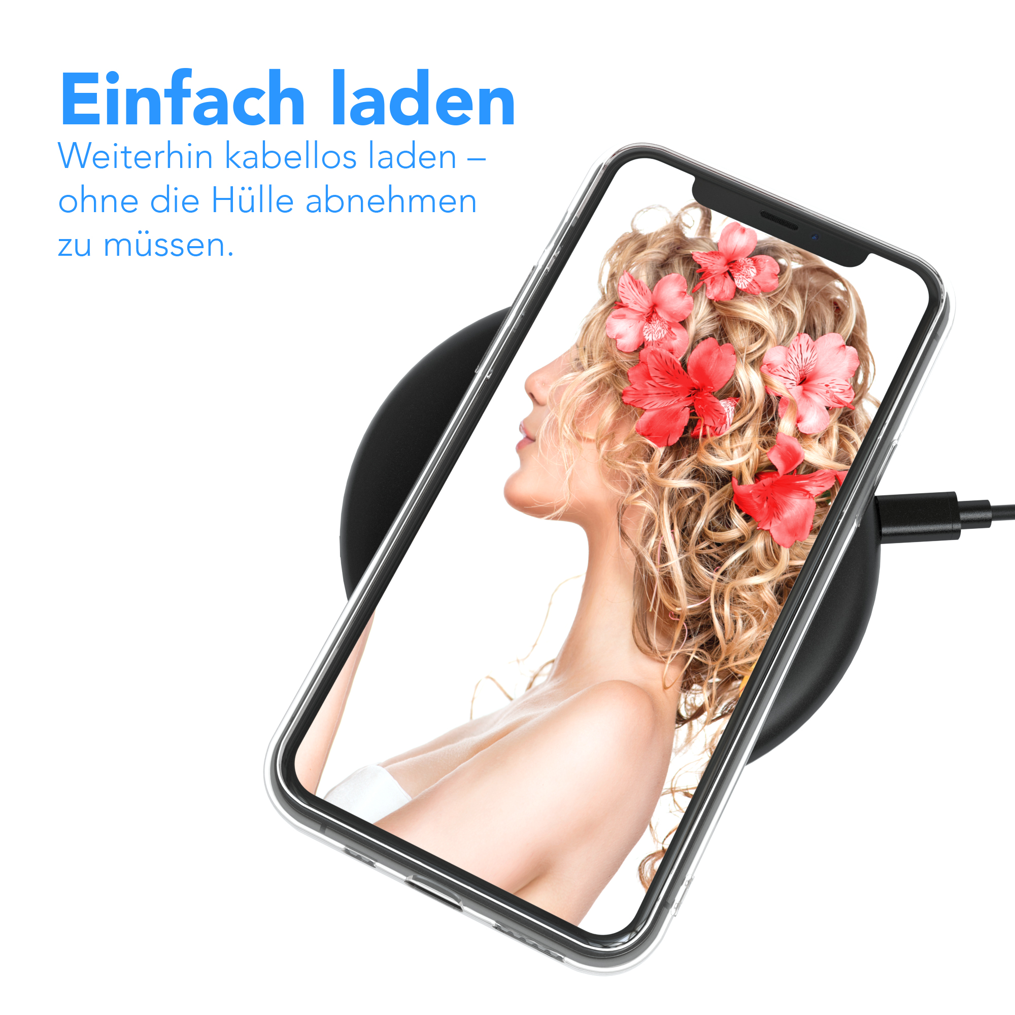 Ein Telefon wird kabellos aufgeladen. Der Bildschirm zeigt eine Frau mit Blumen im Haar, Seitenansicht.