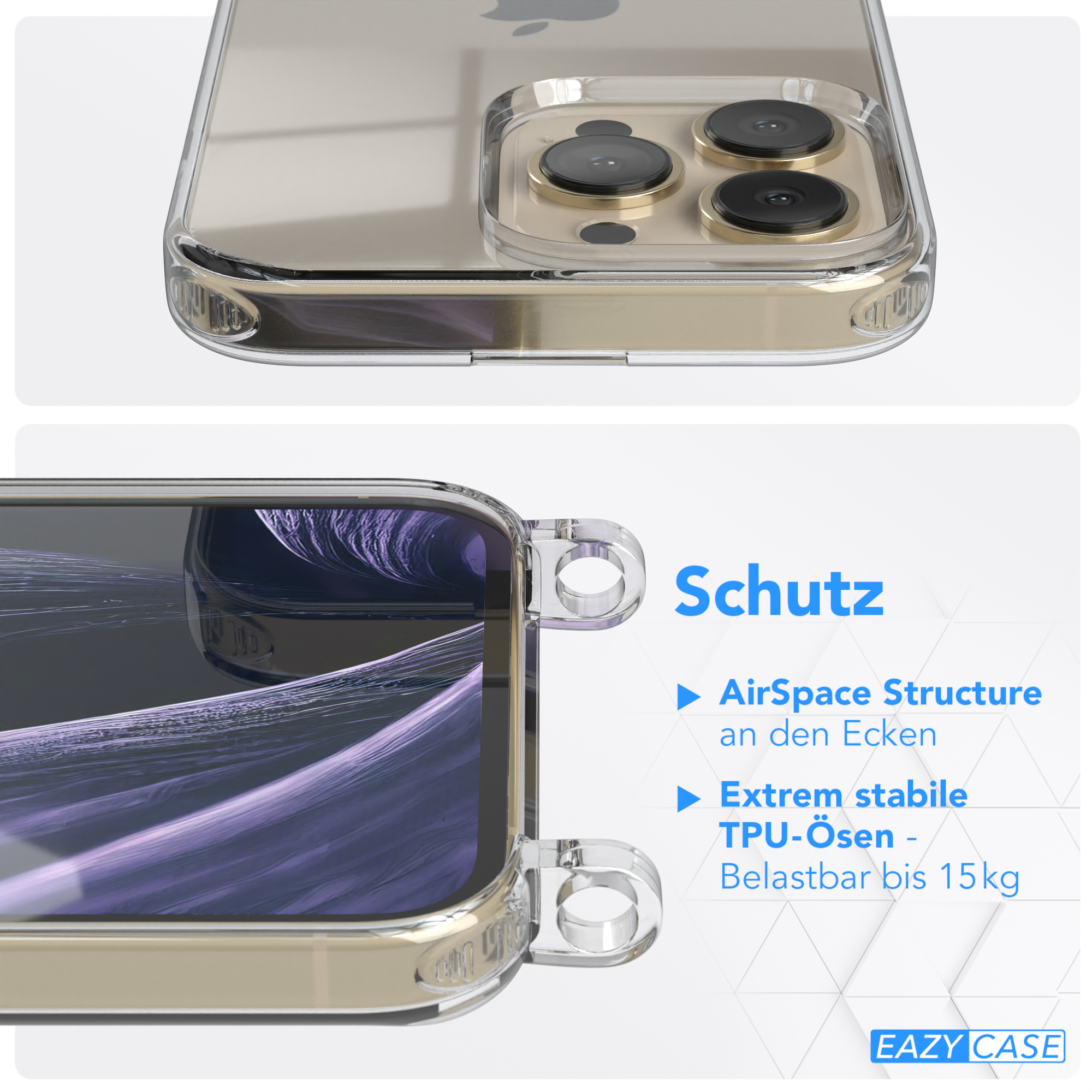 breiter mit EAZY Flieder Apple, Kordel CASE 13 + iPhone Pro, / Handyhülle Karabiner, Umhängetasche, Transparente Gold