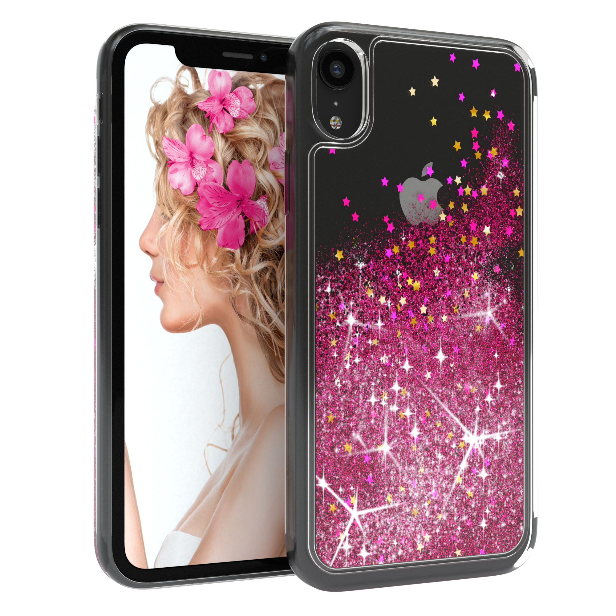 iPhone-Hülle mit rosa Glitzer und goldenen Sternen. Telefon zeigt Frau mit rosa Blumen im Haar.
