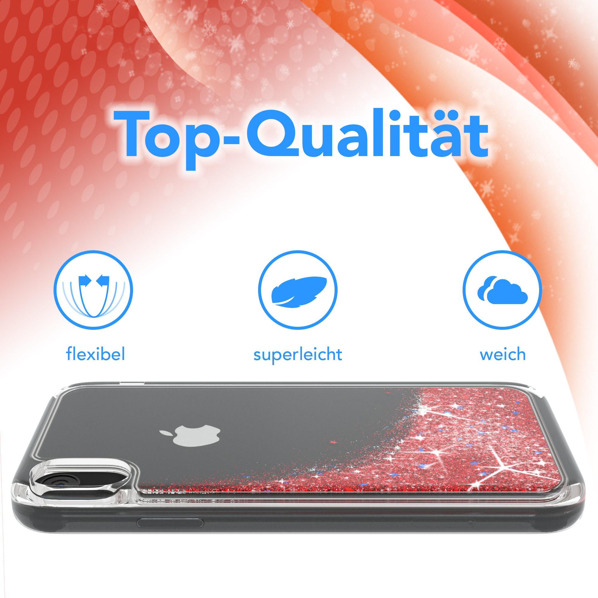 Transparente Handyhülle mit roten Glitzersternen. Die Hülle ist auf einem schwarzen Telefon.