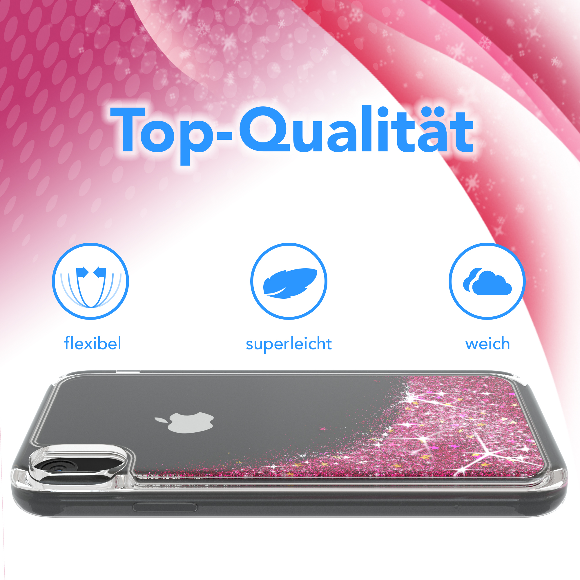 Handyhülle mit pinkfarbenem Glitzer, drei Icons: flexibel, superleicht, weich. Text: Top-Qualität.