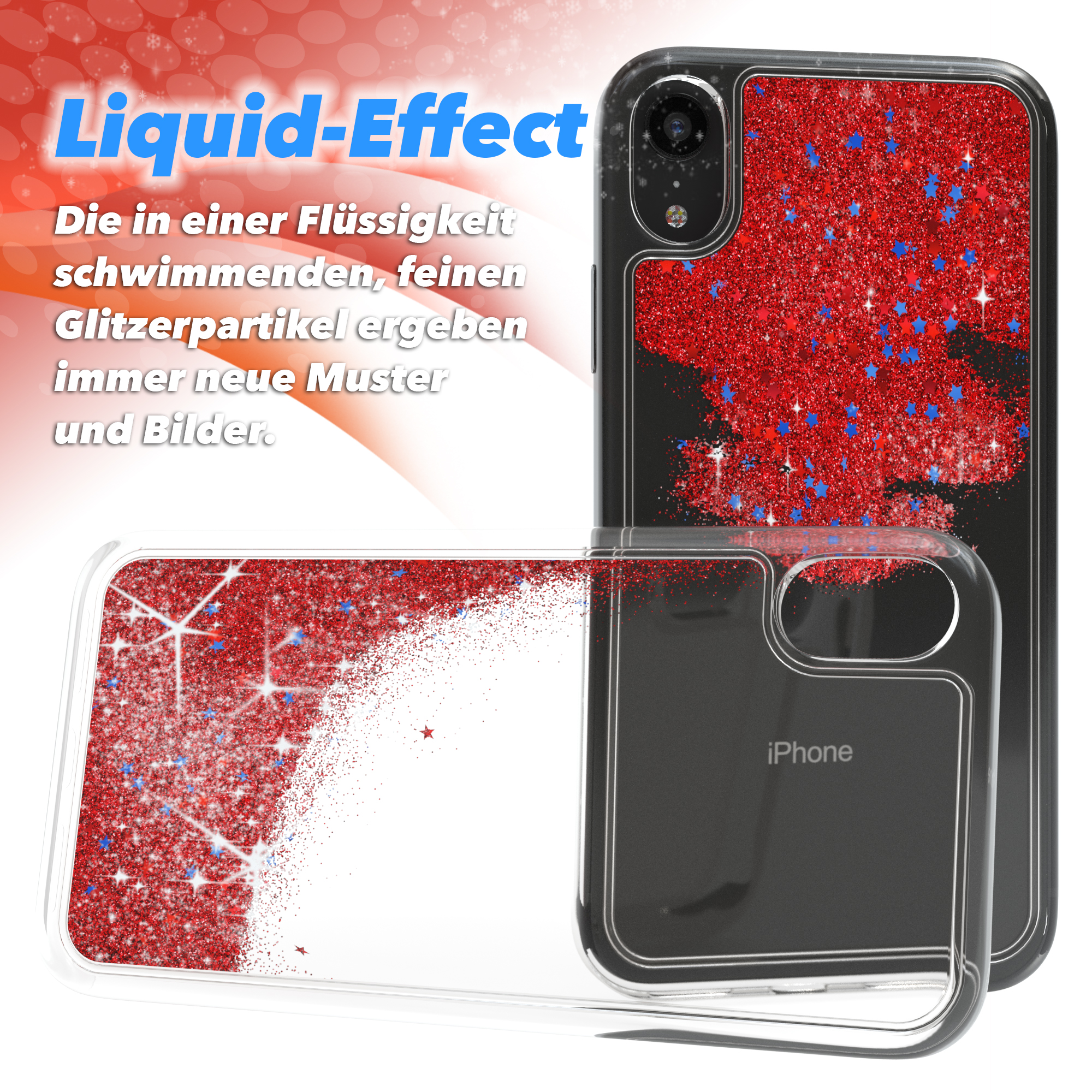 Liquid-Effect iPhone Hülle mit rotem Glitzer und blauen Sternen, mit klarer Hülle.