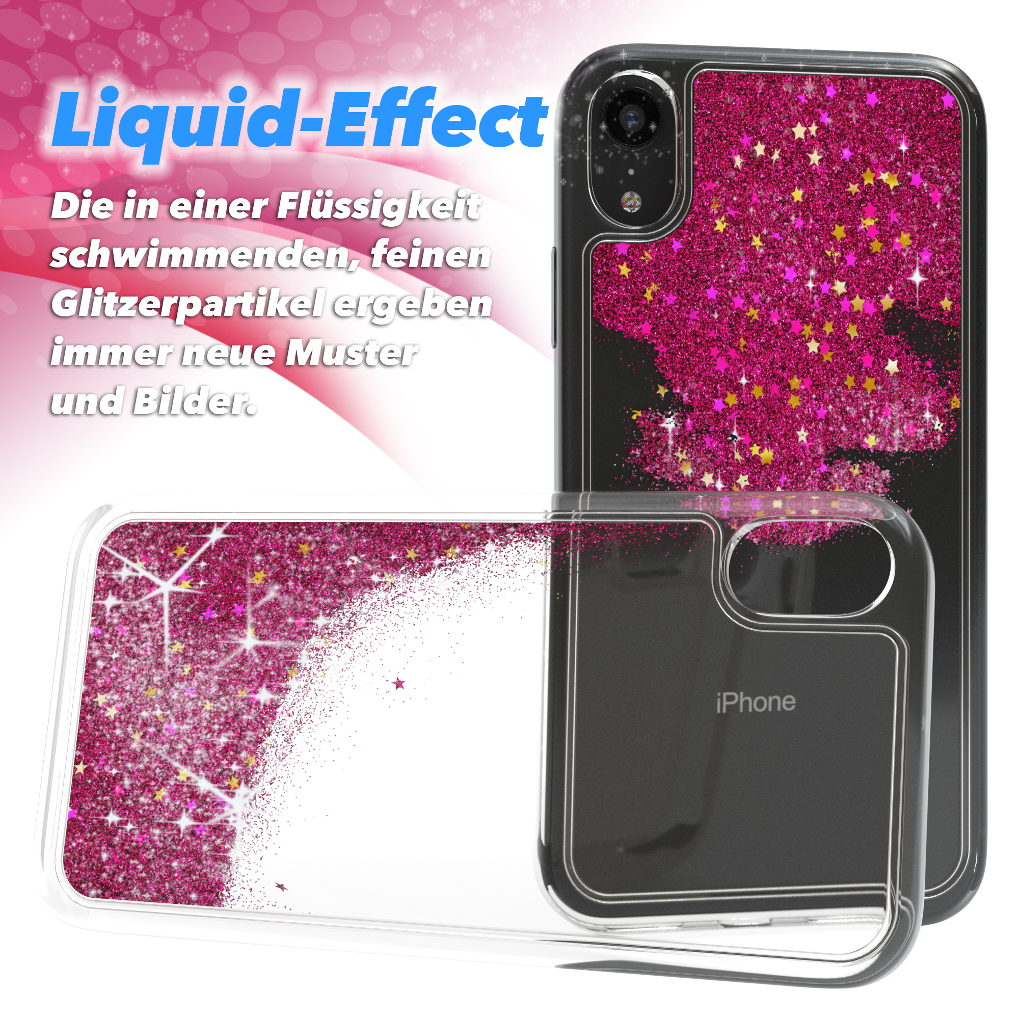 Handyhülle mit rosa Glitzer-Flüssigkeitseffekt. Zwei Hüllen mit unterschiedlichen Ansichten.