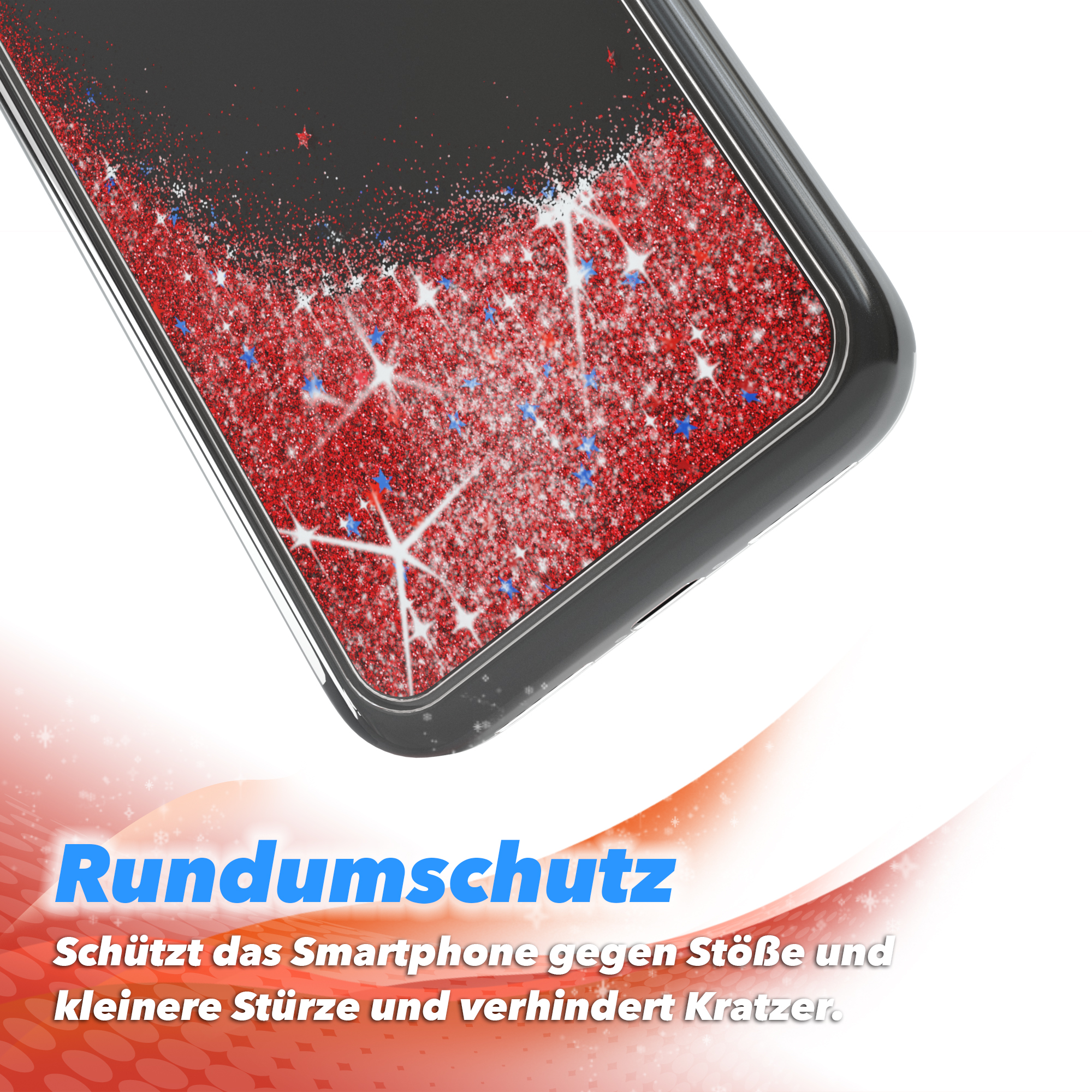 Handyhülle mit rotem Glitzerdesign. Die Hülle schützt das Telefon vor Stößen und Kratzern.