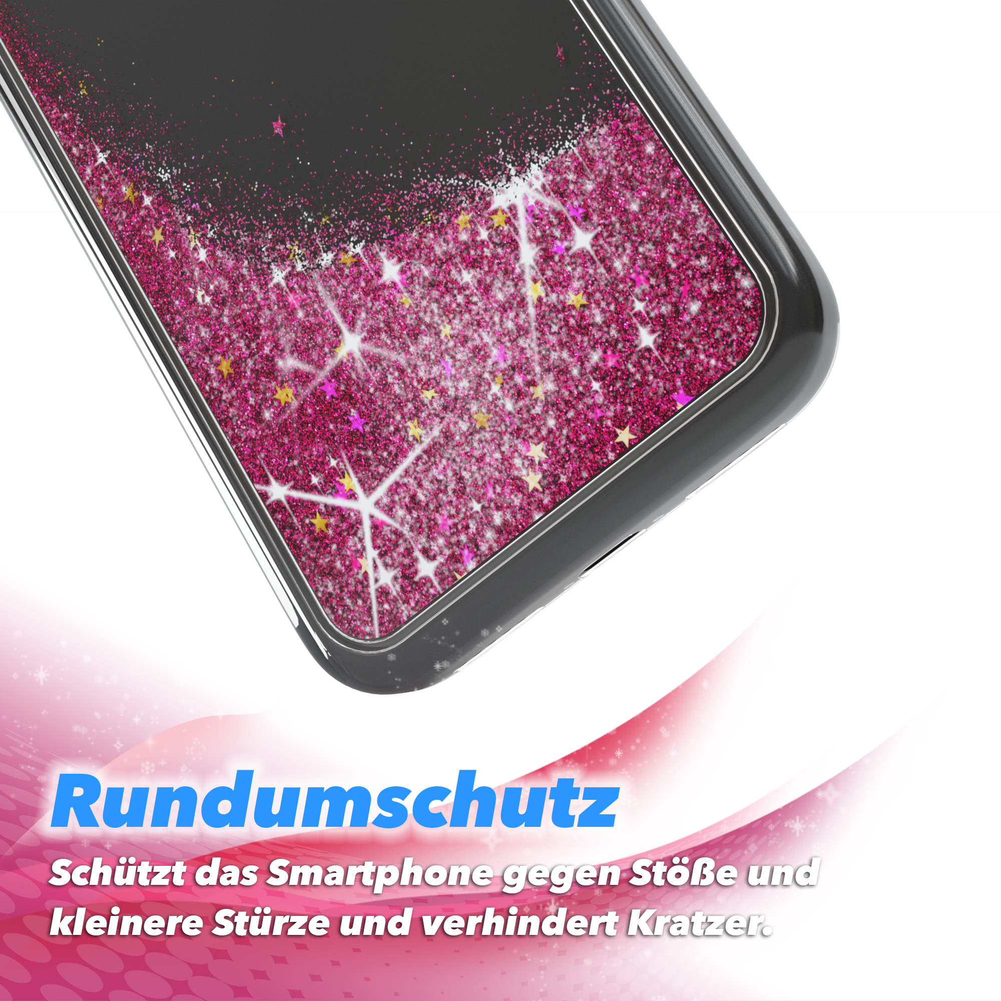 Nahaufnahme einer Handyhülle mit rosa Glitzer. Rosa Glitzerfunkeln und Sterne auf schwarzem Grund.