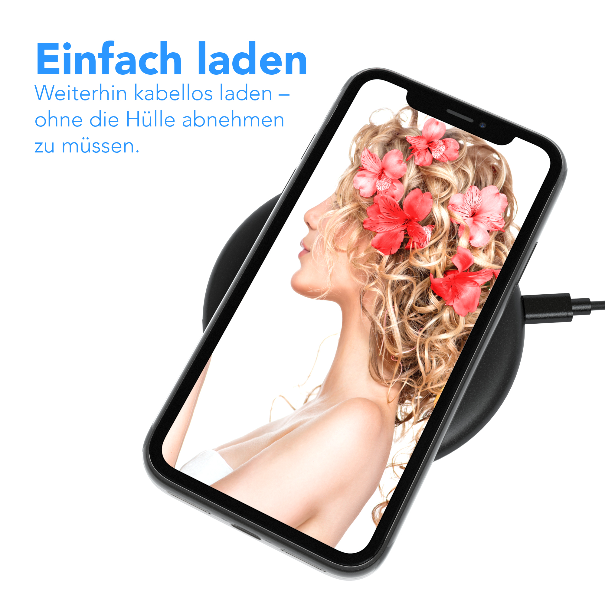 Telefon lädt auf einem kabellosen Ladegerät. Frau mit Blumen auf dem Bildschirm.