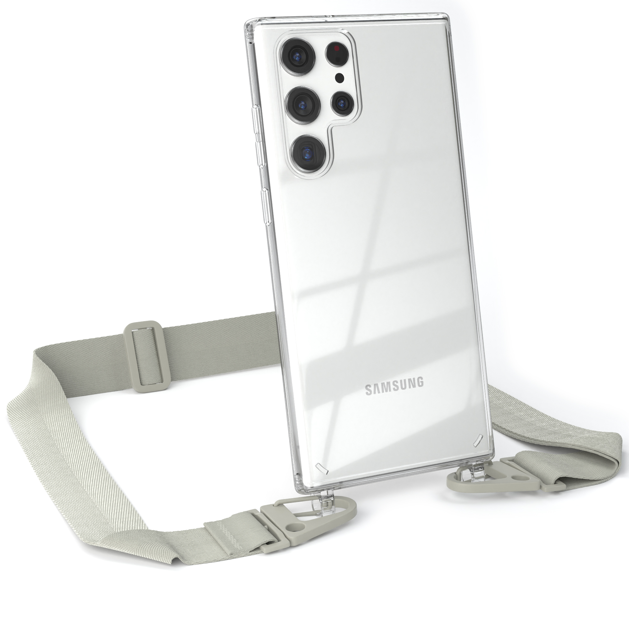 Transparente Handyhülle mit Gurt, Telefon mit Samsung-Logo, weißer Hintergrund.
