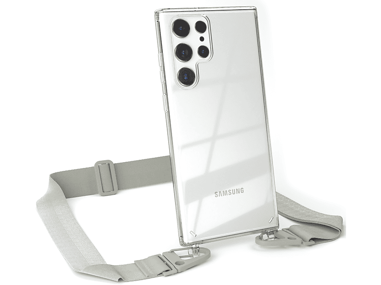 EAZY CASE Transparente Handyhülle mit breiter Kordel + Karabiner, Umhängetasche, Samsung, Galaxy S22 Ultra 5G, Beige Grau / Taupe