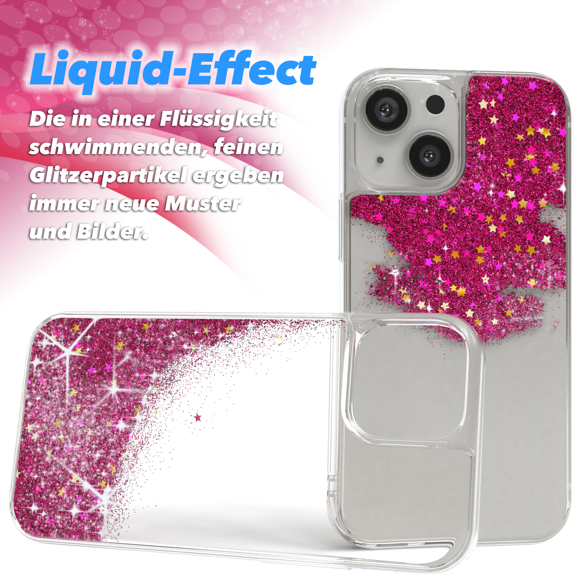Transparente Handyhülle mit pinkfarbenem Glitzer und Sternen. Eine zweite Hülle ist offen.