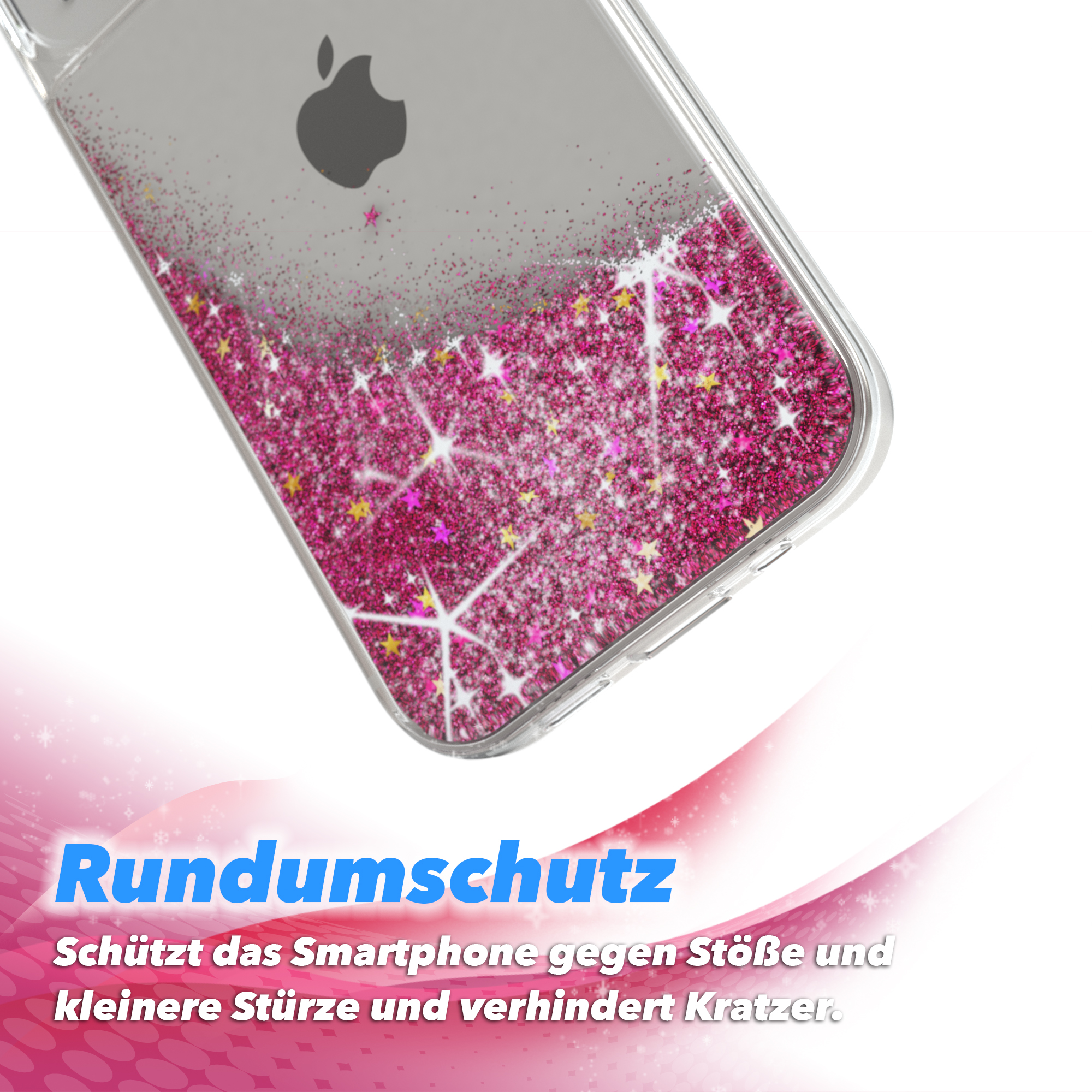Transparente Handyhülle mit pinkem Glitzer und Sternen. Schützendes Design sichtbar.