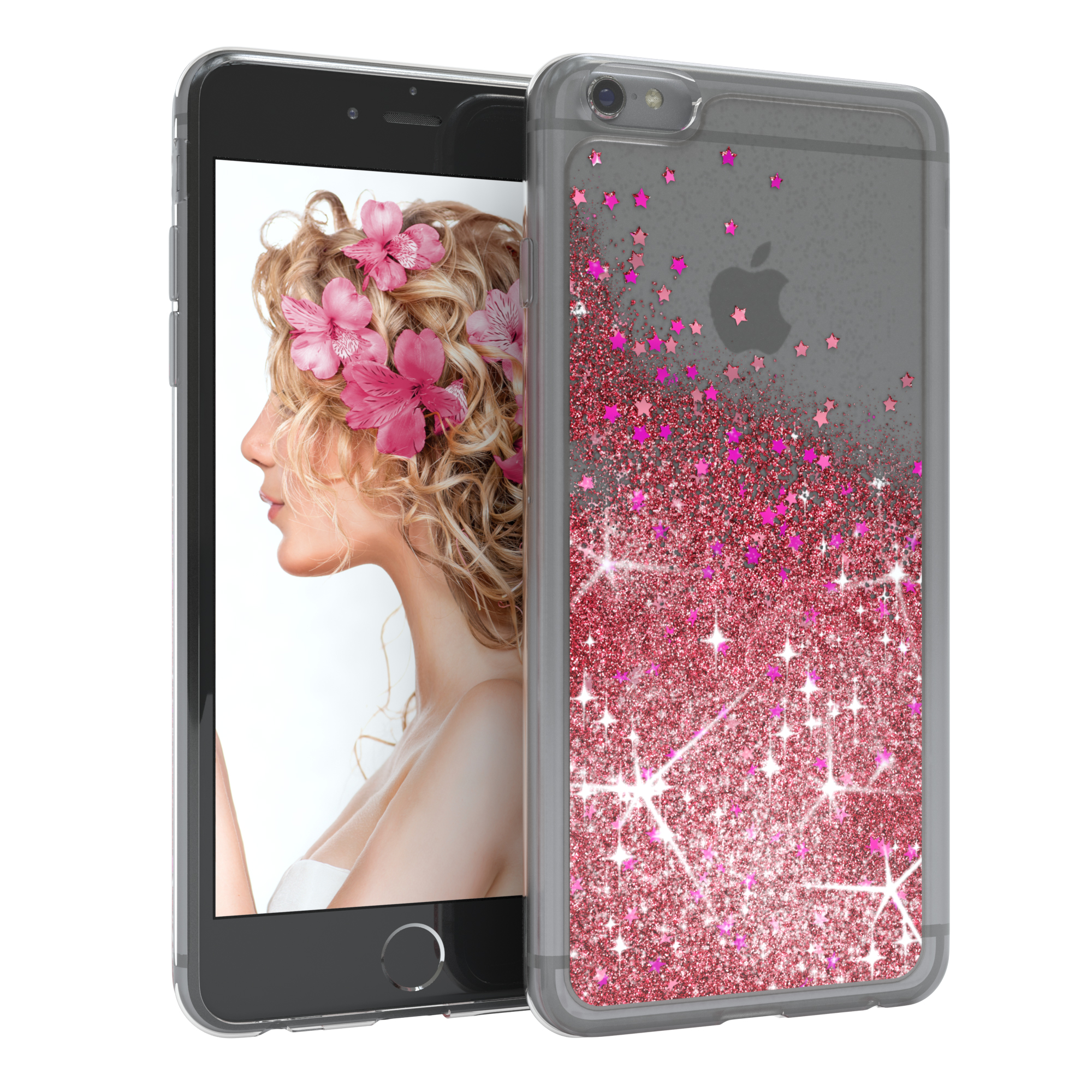 Transparente Handyhülle mit Glitzer und Frau mit pinken Blumen im Haar.