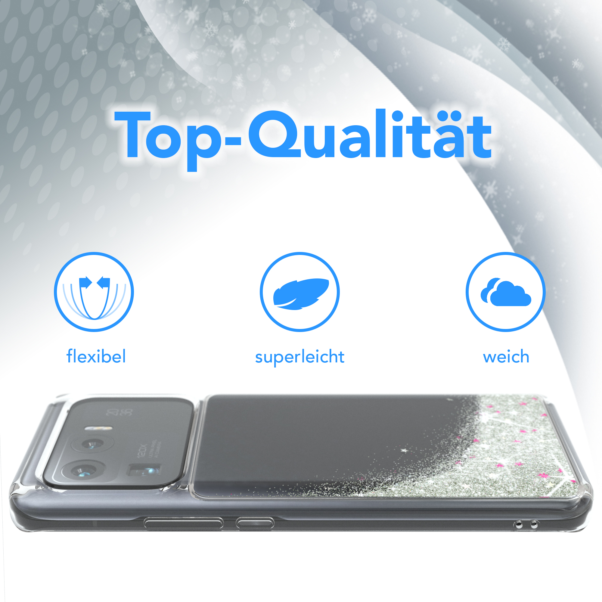 Eine Handyhülle mit Glitzer und dem Apple-Logo. Die Hülle ist transparent und zeigt das Telefon im Inneren.