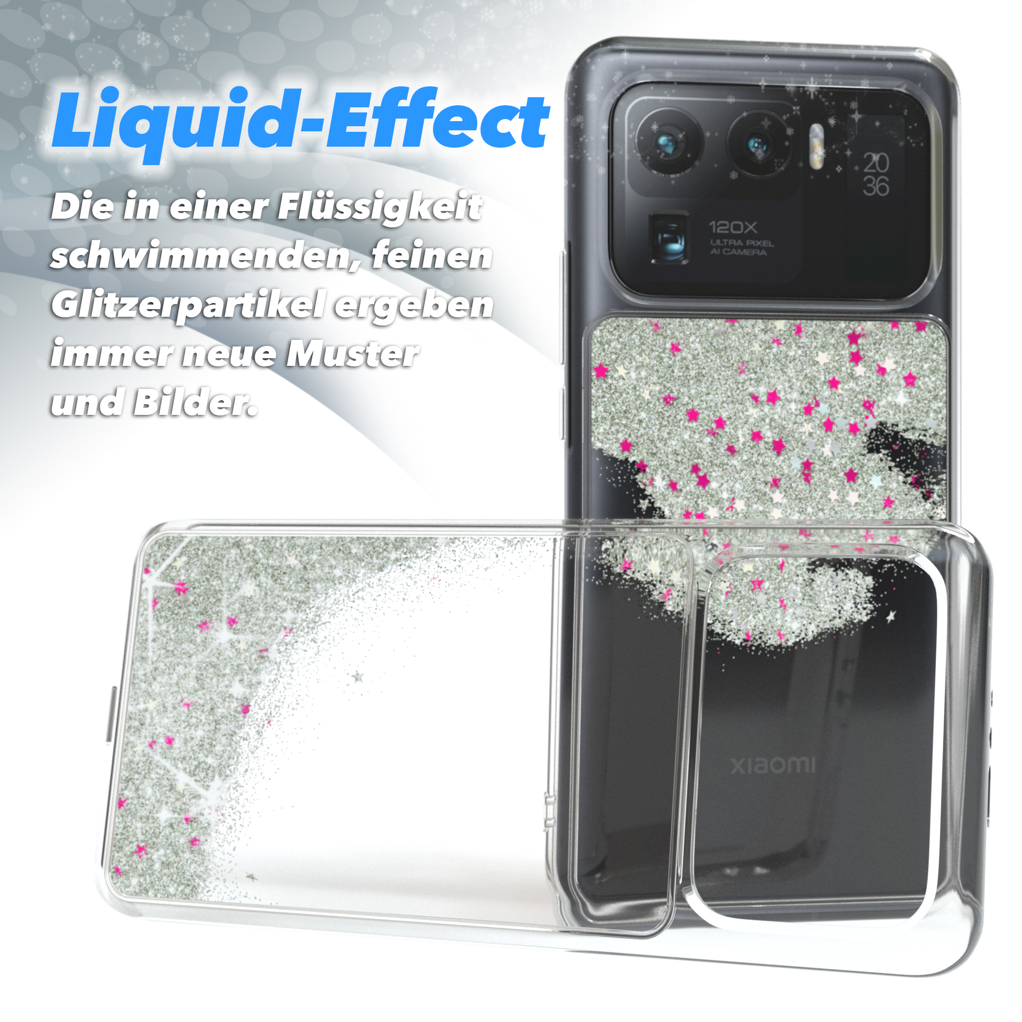 Handyhülle mit Flüssigglitzer-Effekt. Text: Liquid-Effect, schimmernde Glitzerpartikel.