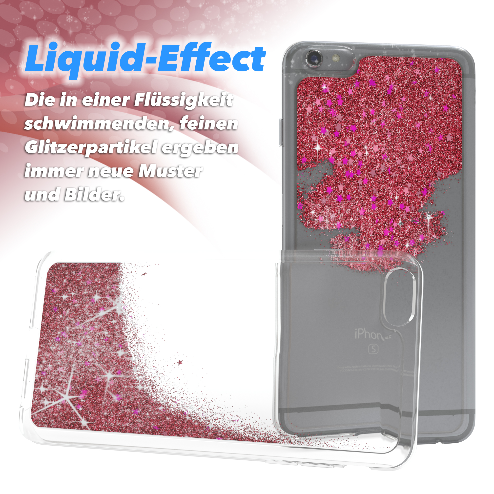 Transparente Handyhülle mit rosa Glitzer in Flüssigkeit. Text: Liquid Effect. Hülle ist offen.