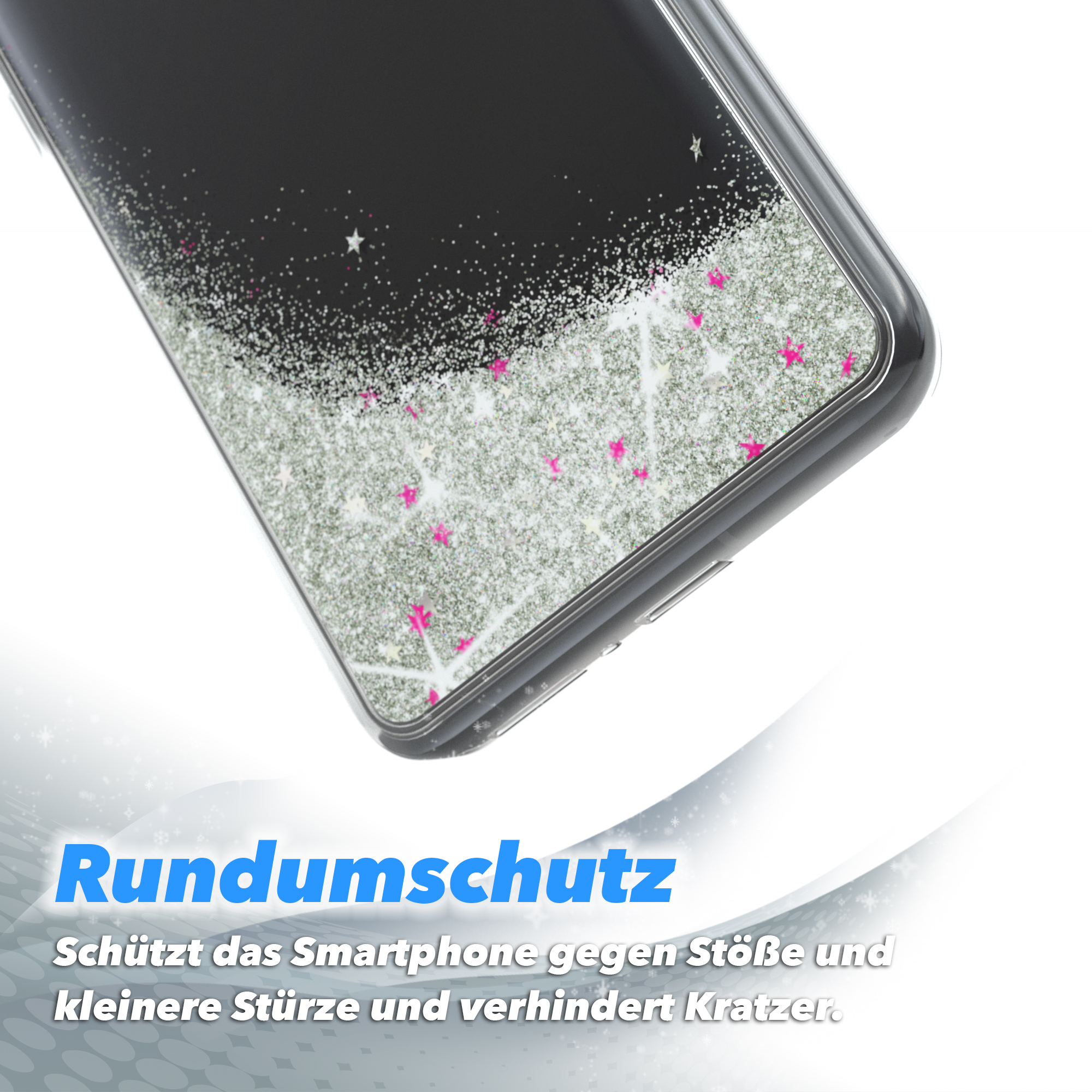 Transparente Handyhülle mit Glitzer und pinken Sternen, schützt das Telefon.
