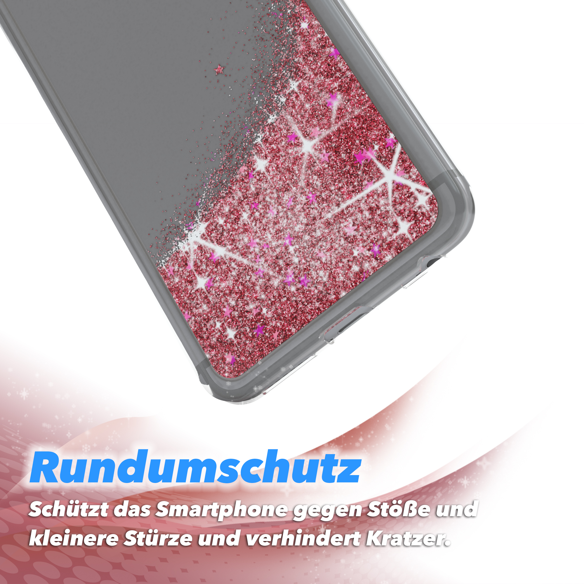 Eine Handyhülle mit rosa Glitzer und weißen Sternen. Der Hintergrund ist weiß mit rosa Farbverlauf.