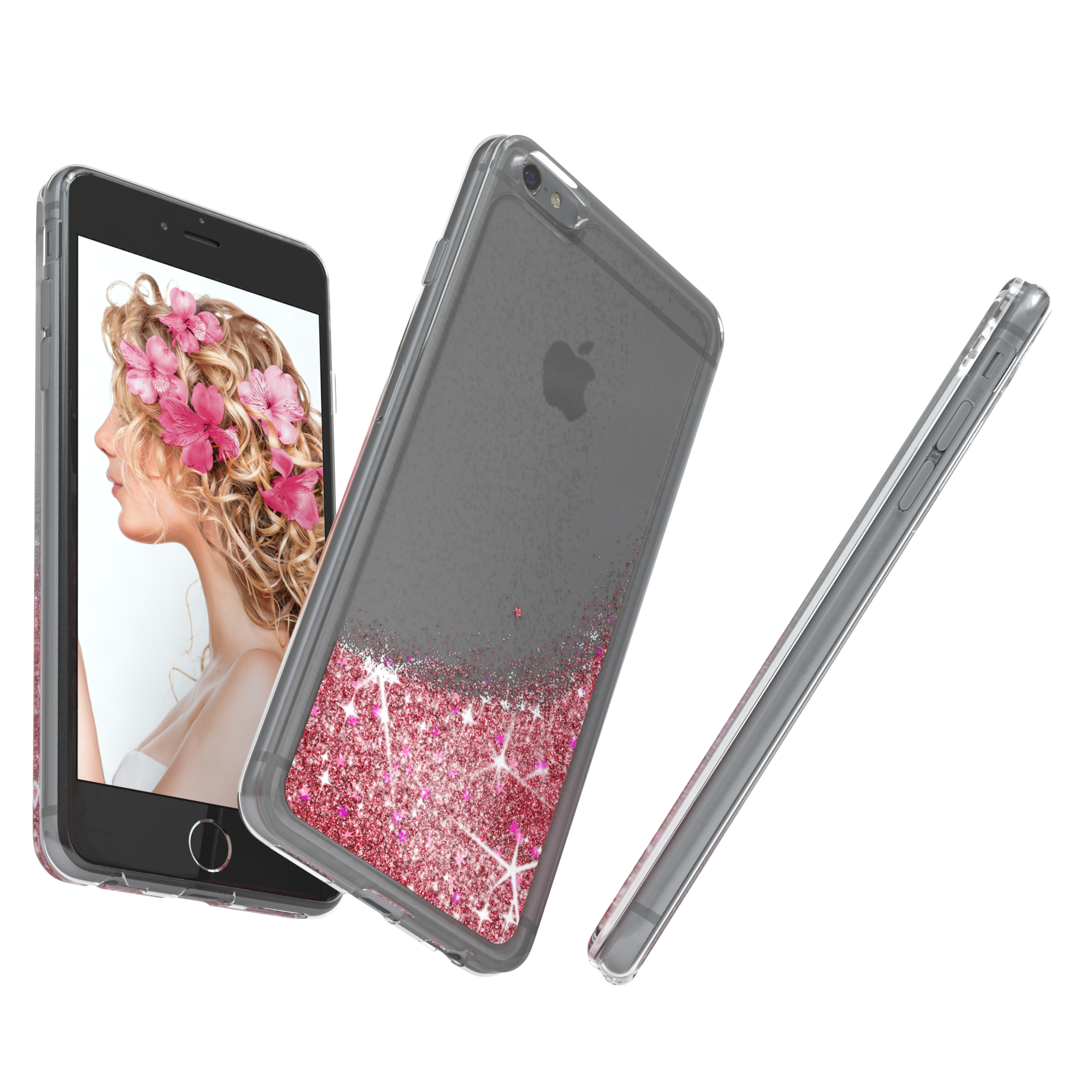 Transparente Handyhülle angewinkelt. Telefonbildschirm zeigt eine Frau mit Blumen.
