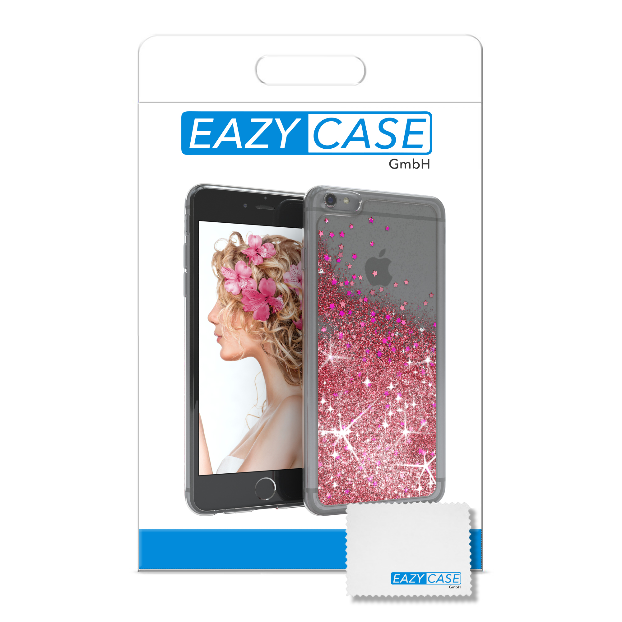 Handyhüllen-Verpackung mit Frauenbild und rosa Glitzerdesign.