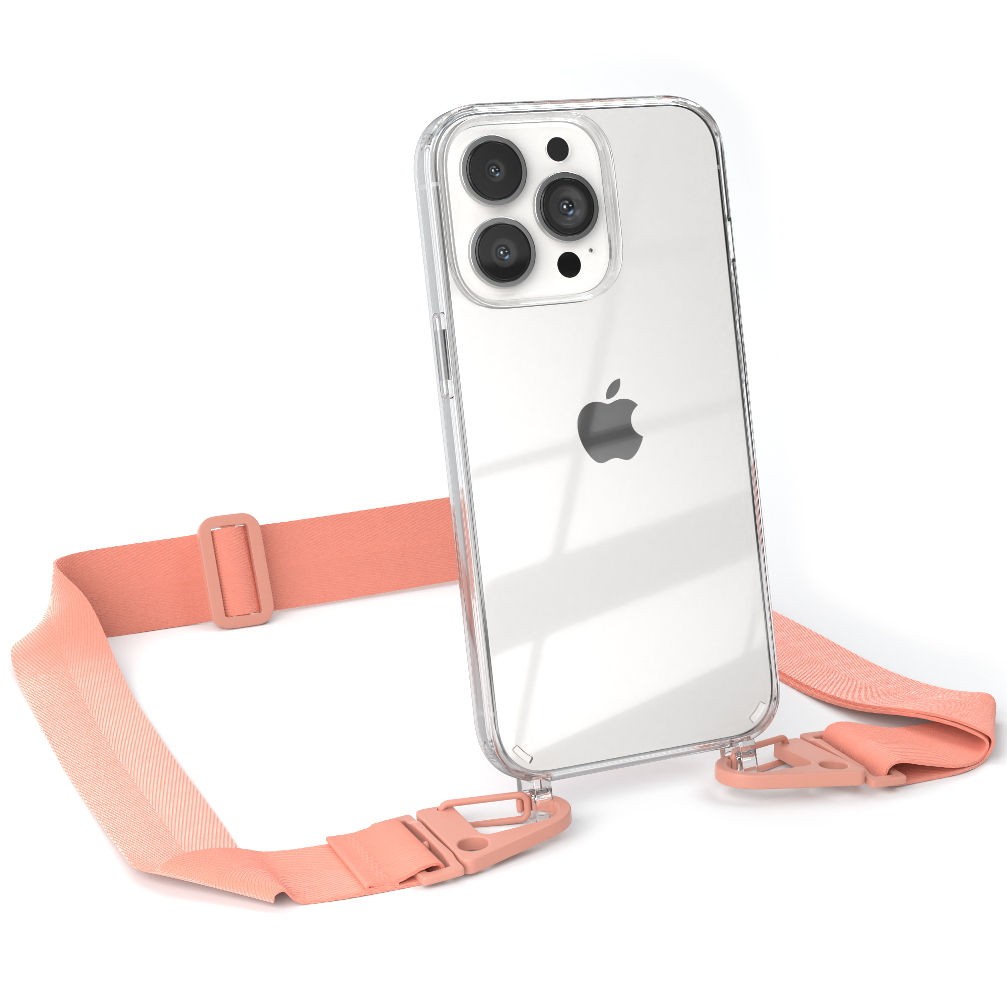 Ein Telefon mit transparenter Hülle und einem rosa Riemen. Das Telefon ist von der Kamera abgewandt.