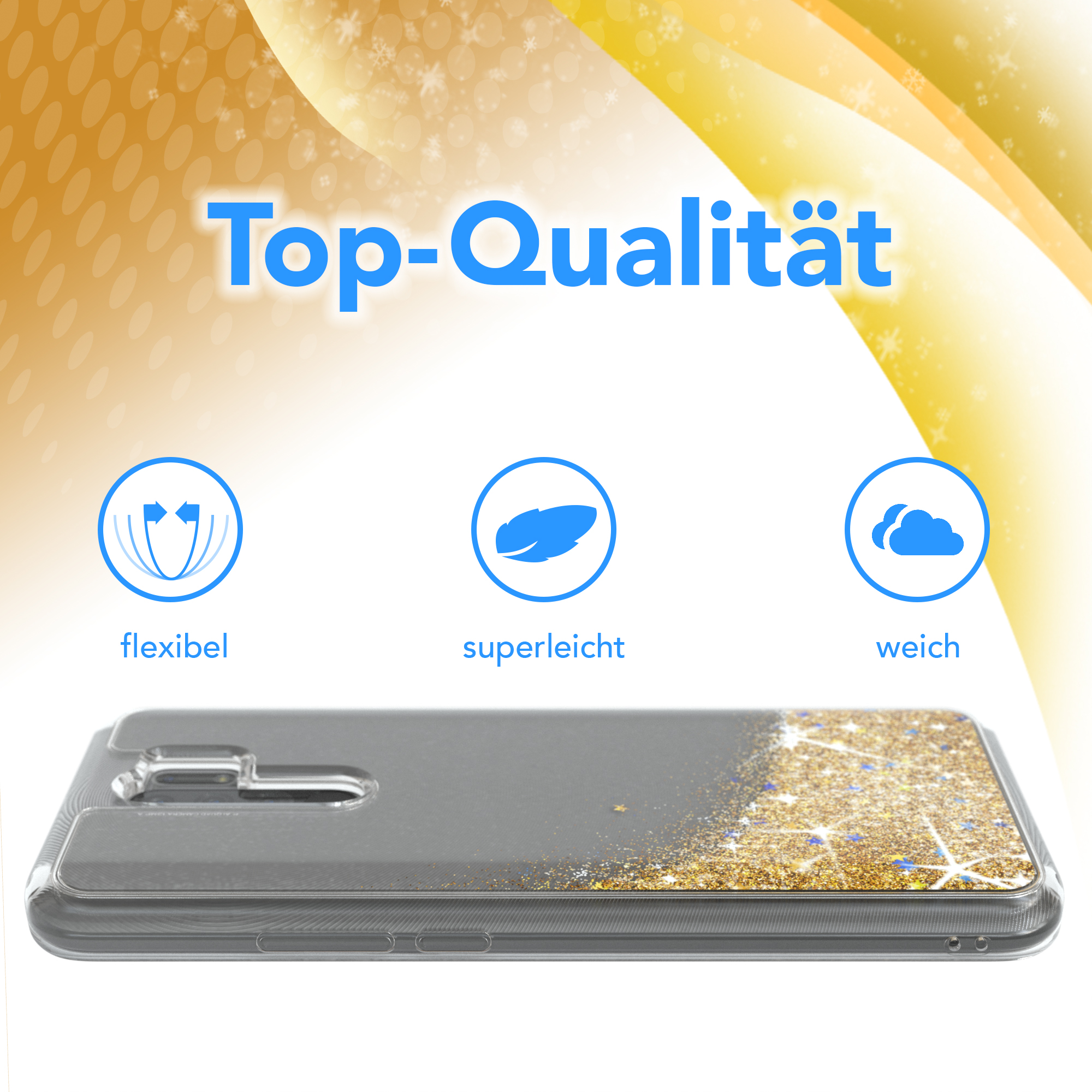 Handyhülle mit goldenem Glitzer. Text: 'Top-Qualität'. Icons für flexibel, leicht und weich.