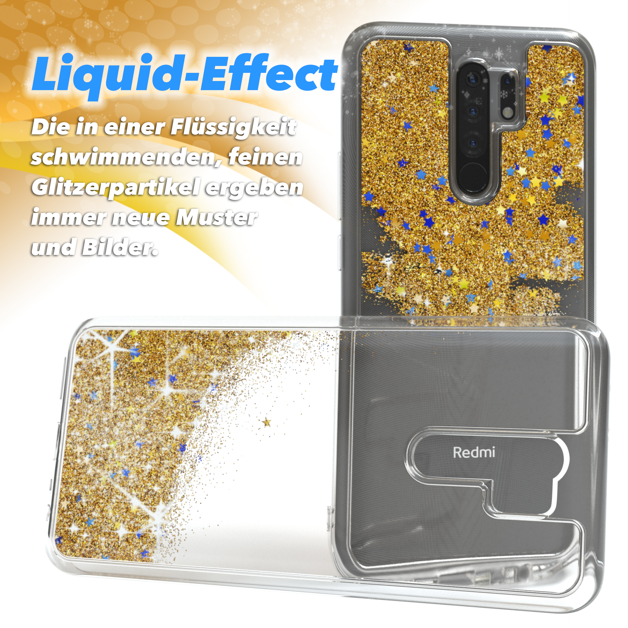 Transparente Handyhülle mit Goldglitzer, Sternen. Redmi-Telefon sichtbar. Liquid-Effekt-Design.