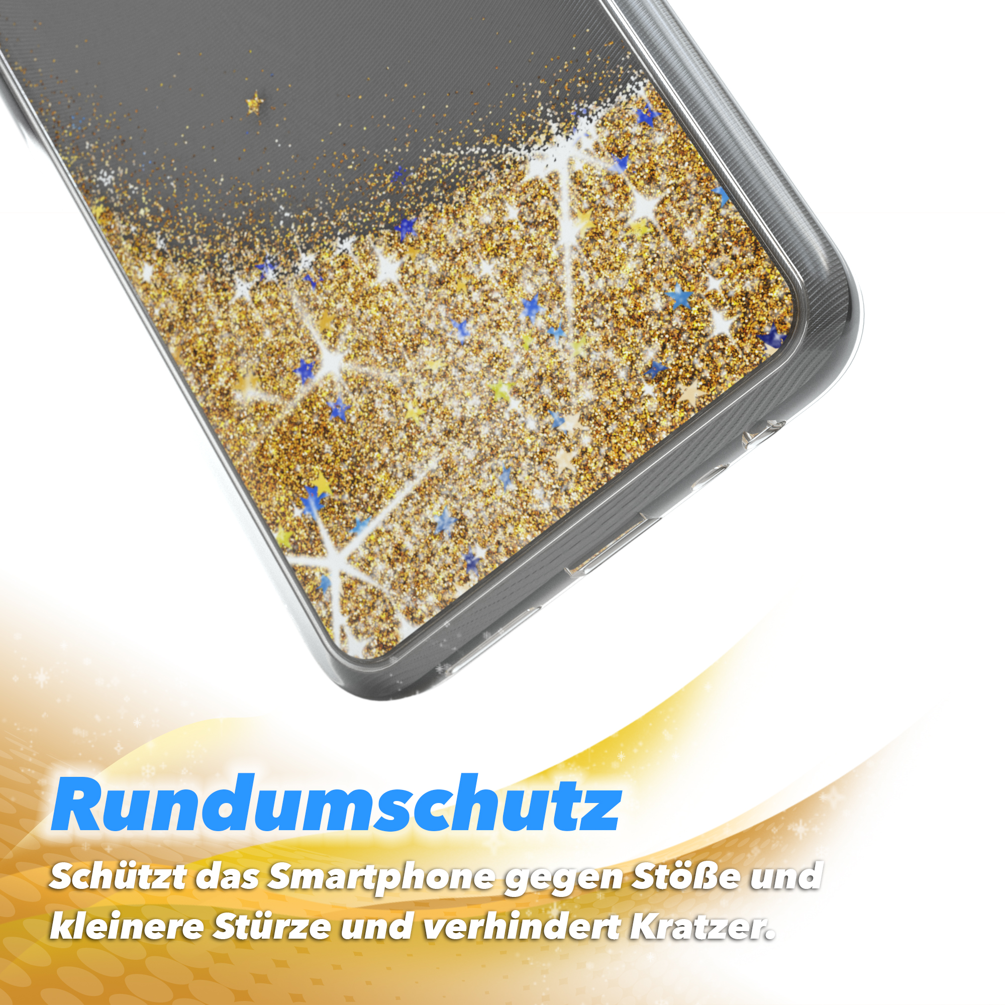Nahaufnahme einer Handyhülle mit goldenem Glitzer und blauen Sternen auf schwarzem Hintergrund.