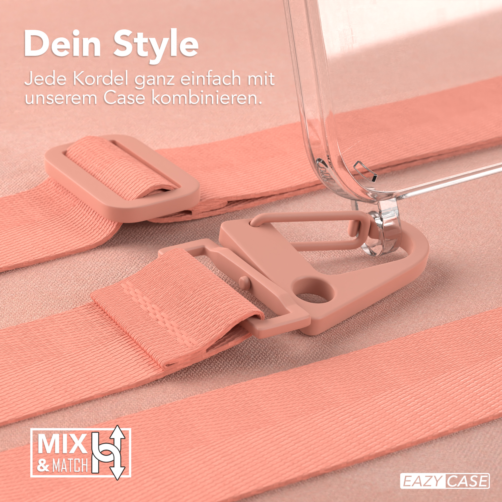 Nahaufnahme einer transparenten Handyhülle mit rosa Trageriemen.
