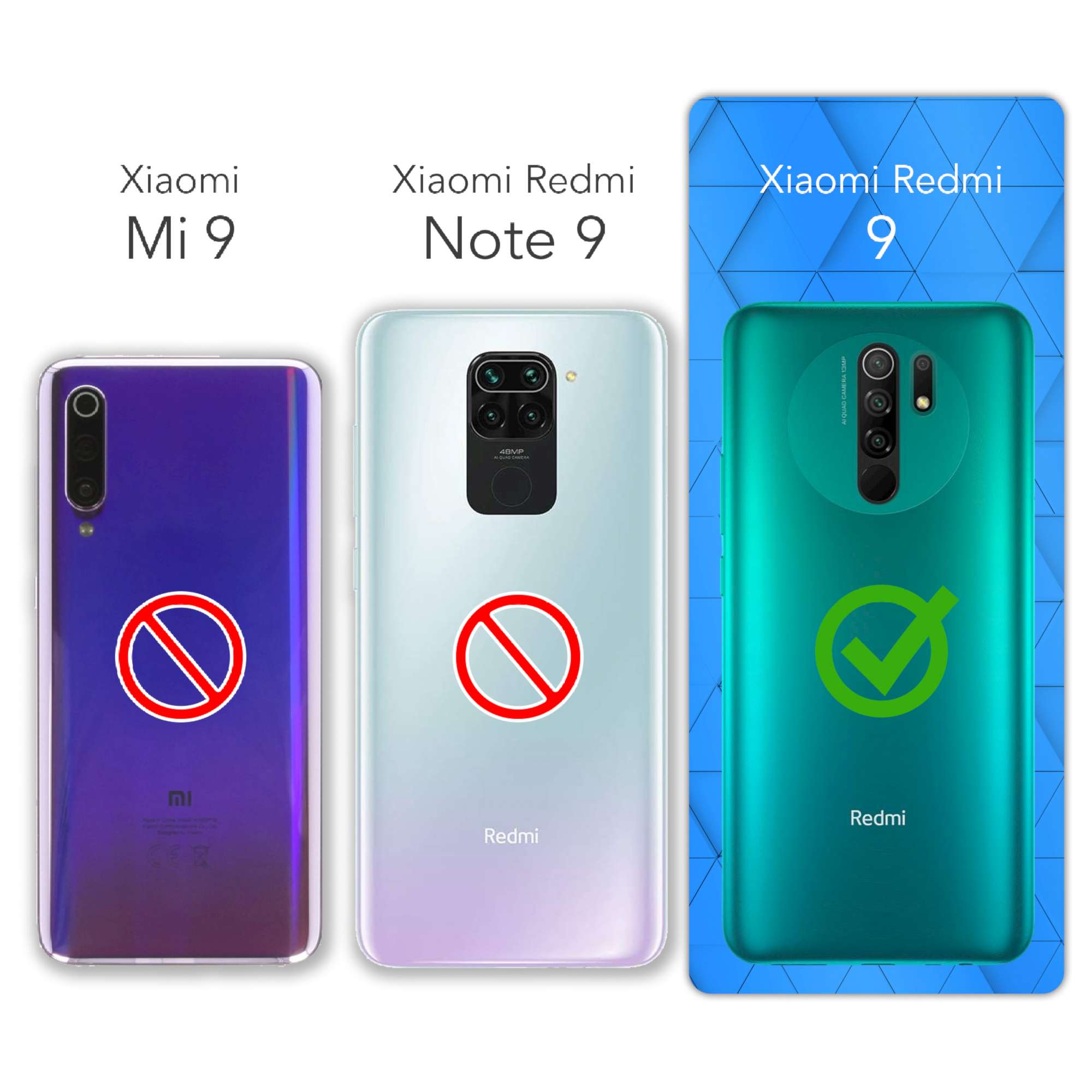 Drei Telefone, Xiaomi Mi 9 und Redmi Note 9 durchgestrichen. Redmi 9 mit grünem Häkchen.